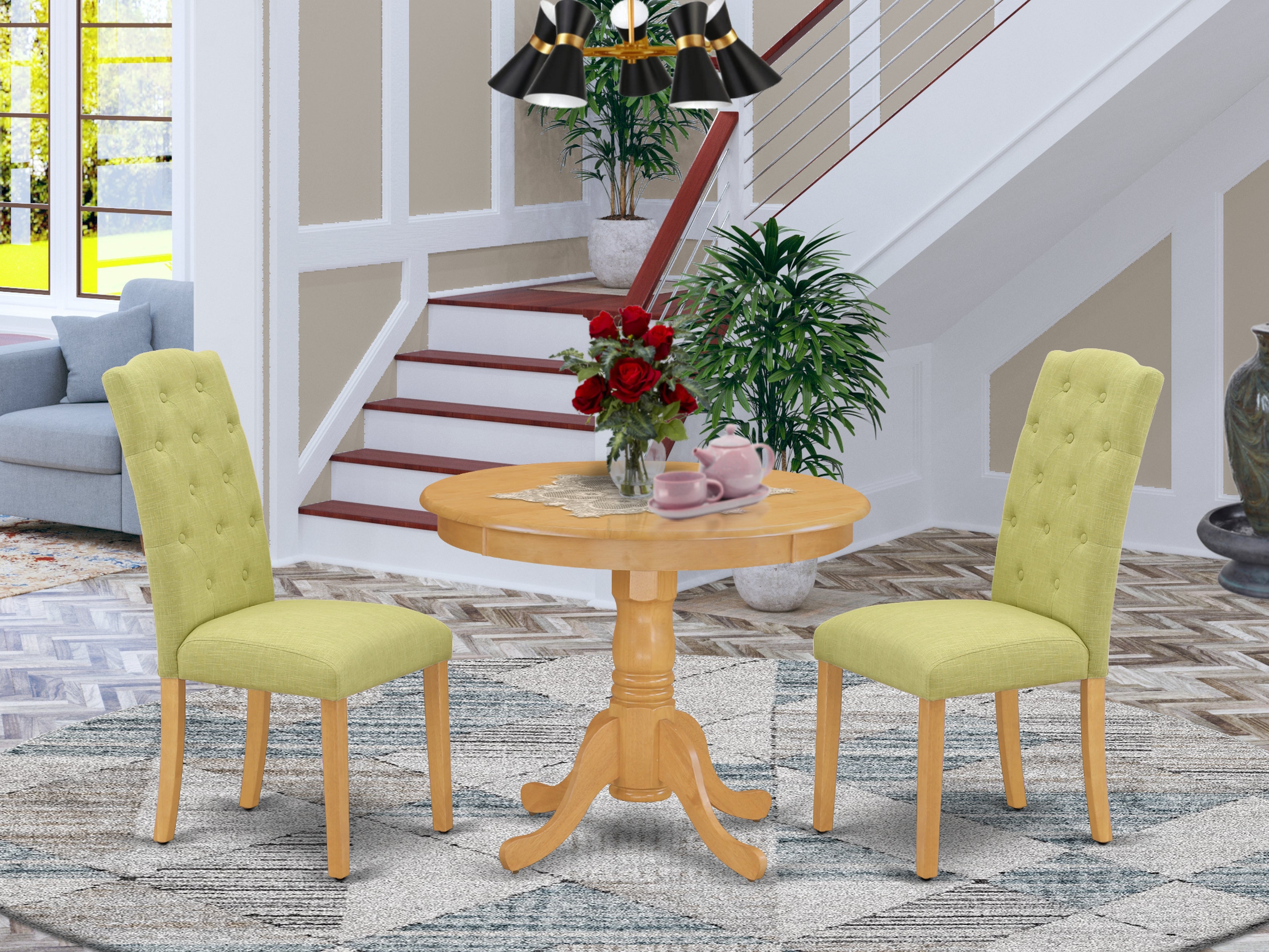 ANCE3-OAK-07 3Pc Dinette Set Includes a Small Rounded Kitchen Table and Two Parson Chairs with Lime Green Fabric, Oak Finish