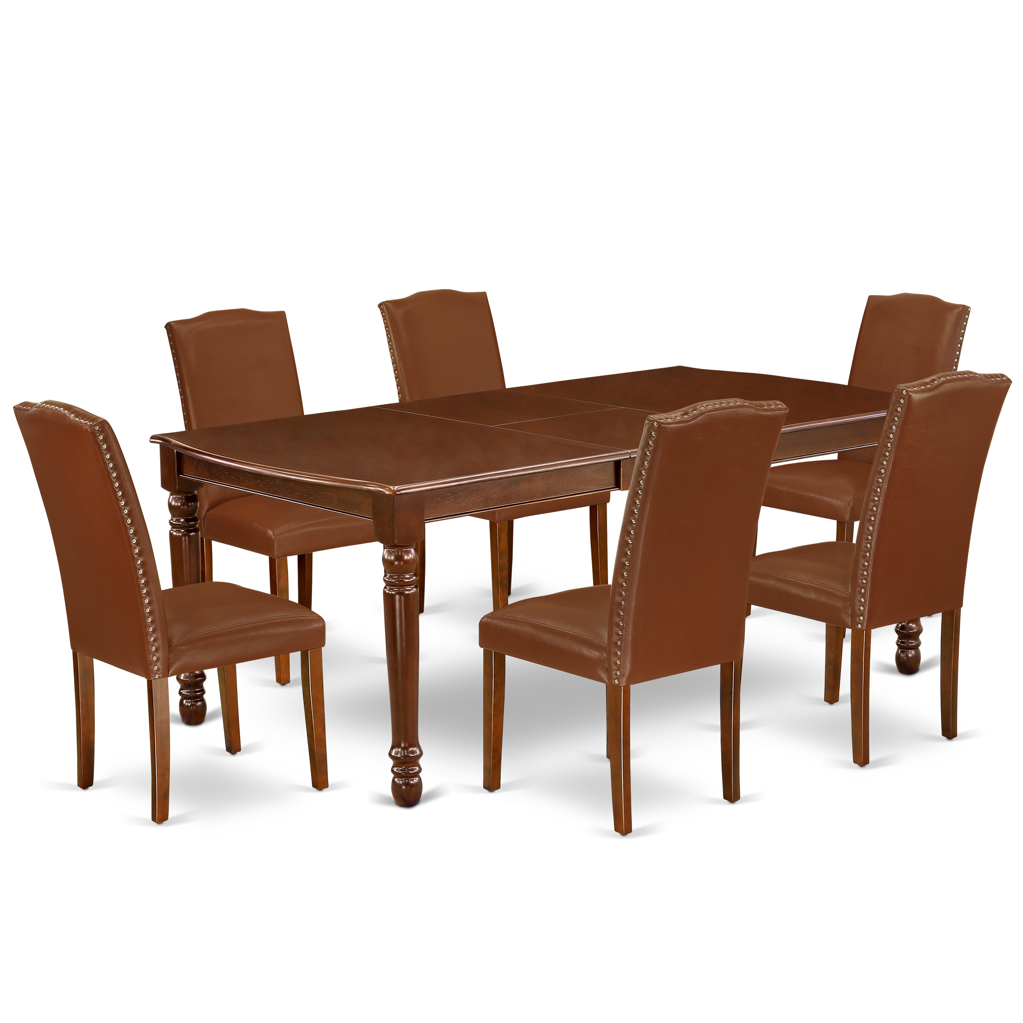 DOEN7-MAH-66 7Pc Rectangle 60/78 Inch Table With 18 In Leaf And 6 Parson Chair With Mahogany Leg And Brown Flaux Leather