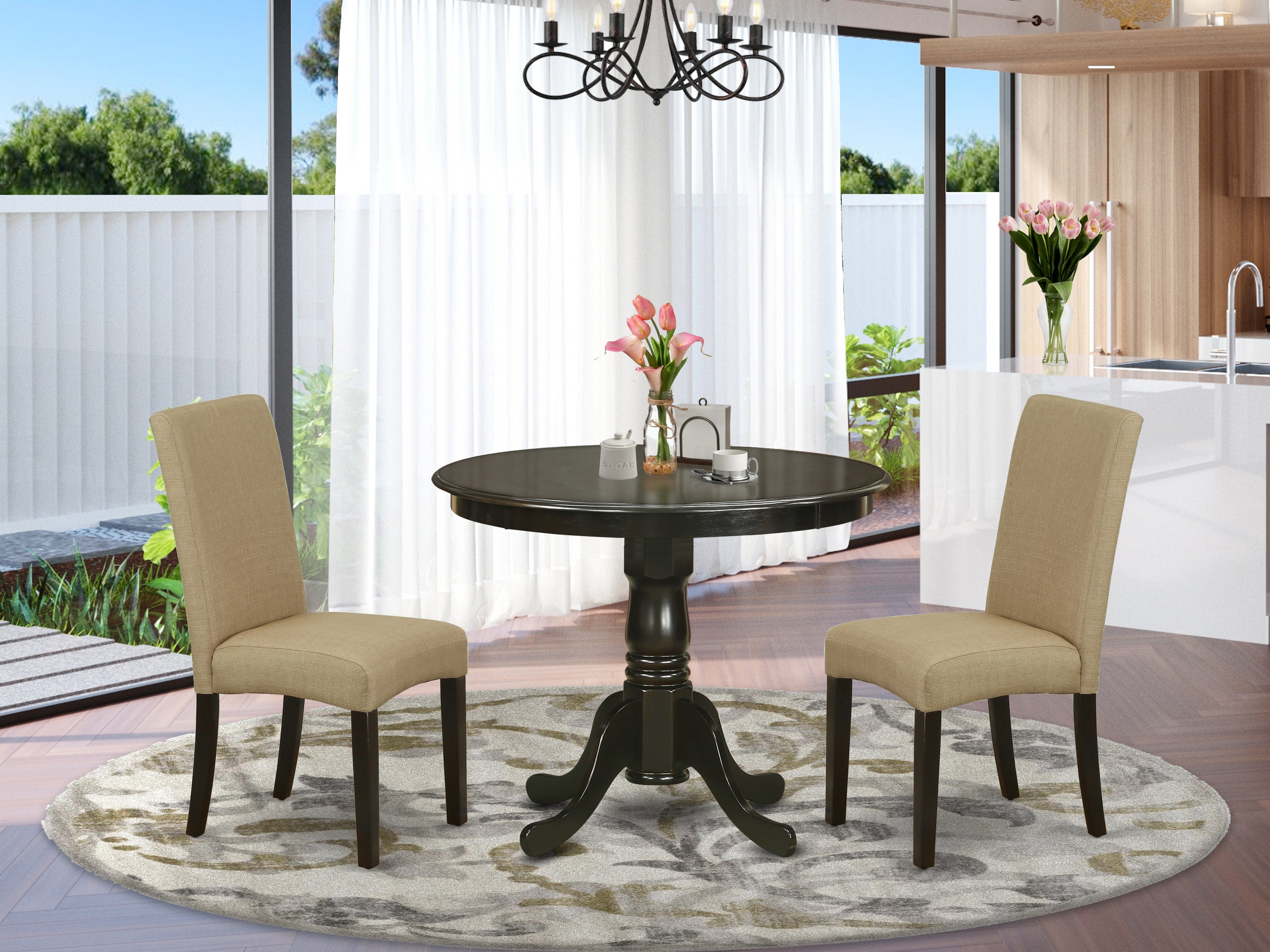 ANDR3-CAP-03 3Pc Round 36" Table And A Pair Of Parson Chair With Cappuccino Finish Leg And Linen Fabric- Brown Color