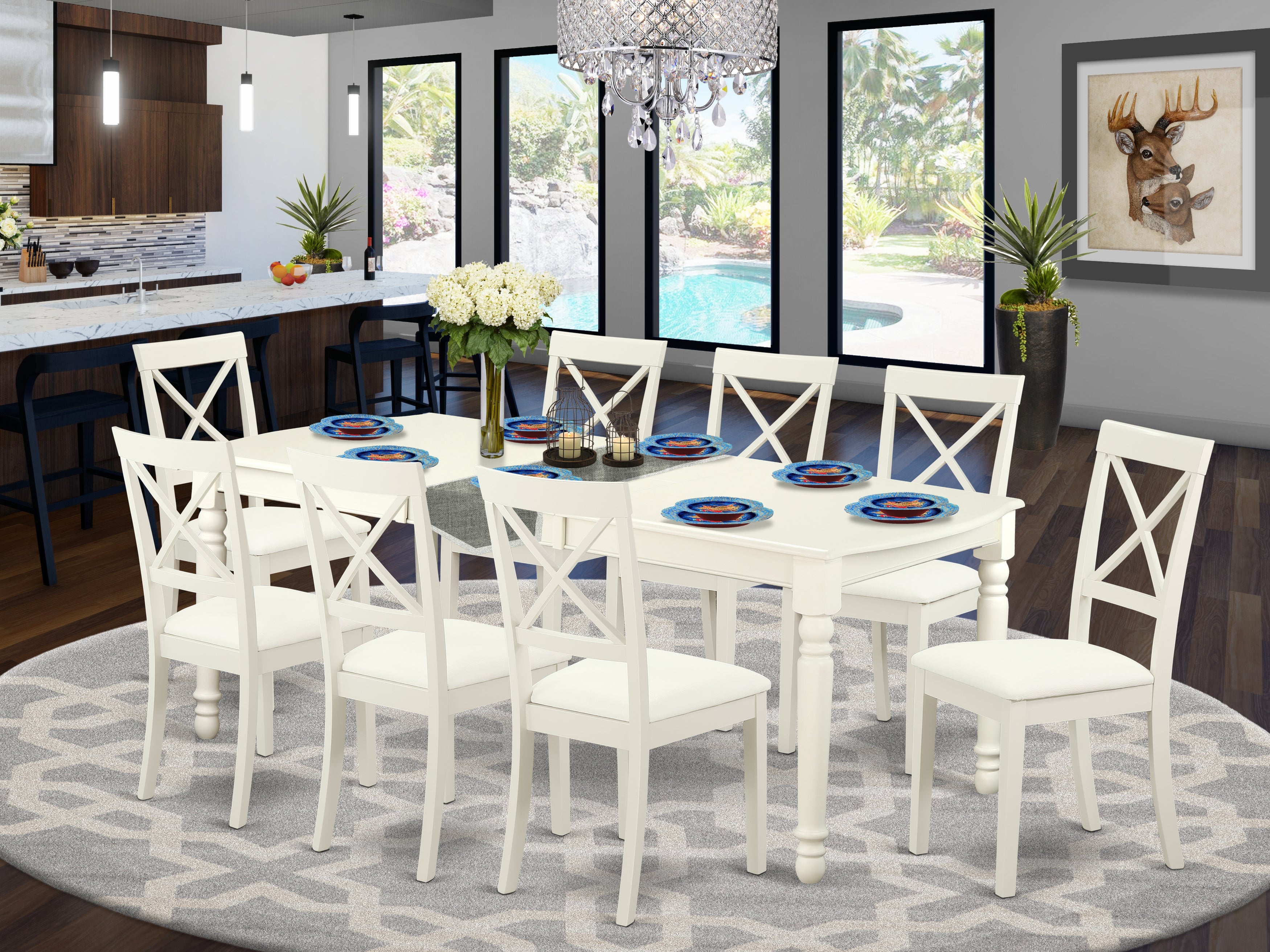 DOBO9-LWH-LC 9 PC Dining table set-Dining table and 8 faux leather seat kitchen chairs in linen white
