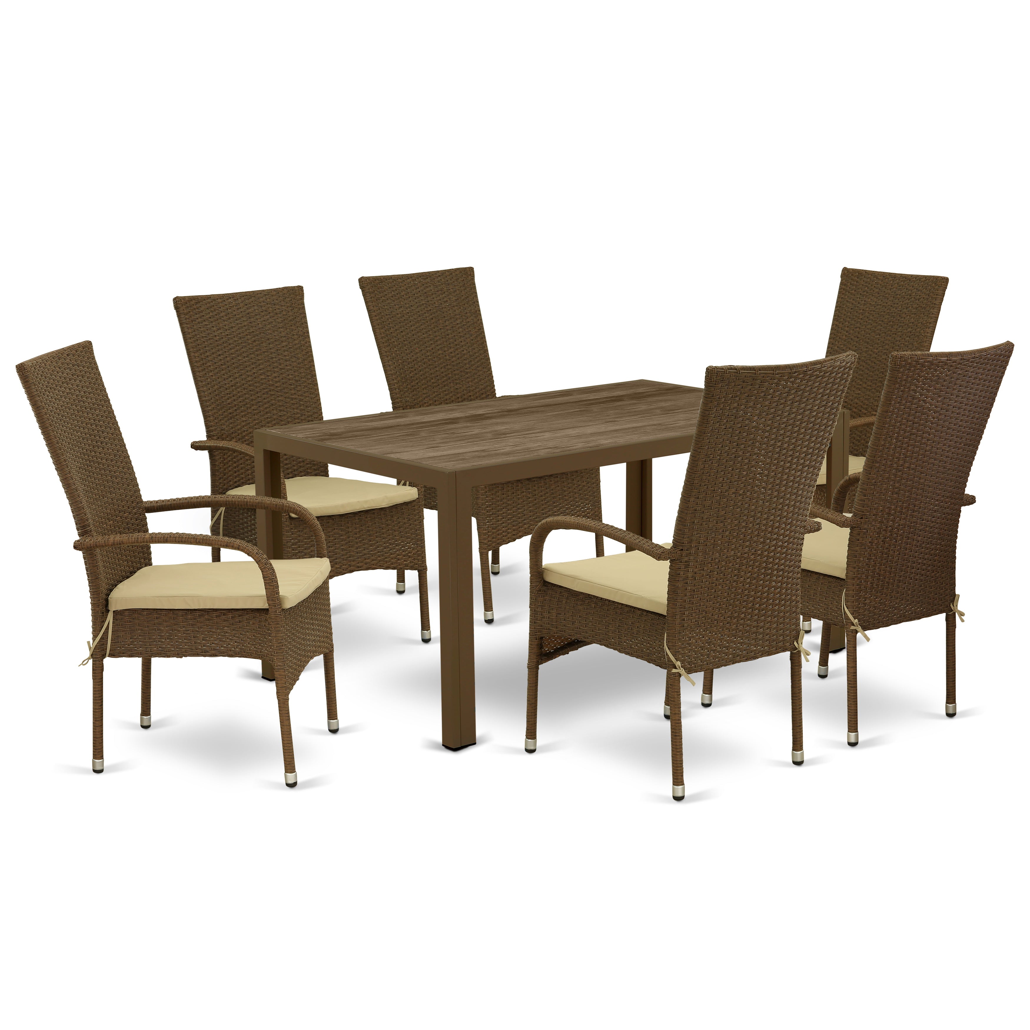 JUOS7-02A 7Pc Outdoor-Furniture Brown Wicker Dining Set Includes a Patio Table and 6 Balcony Backyard Armchair with Linen Fabric Cushion