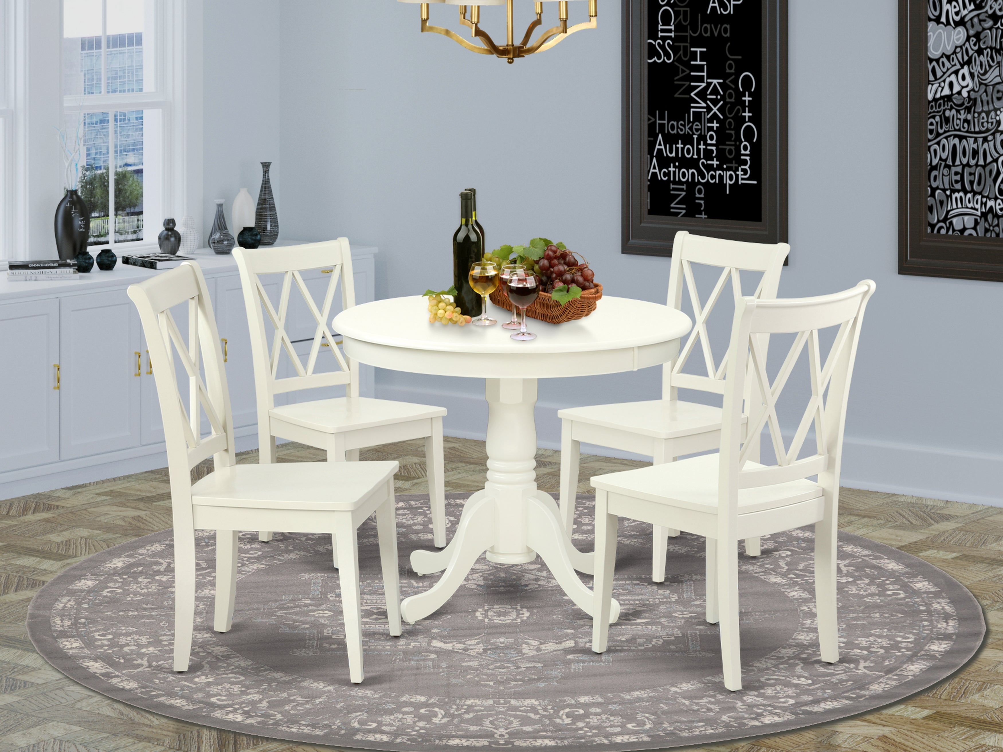 ANCL5-LWH-W 5PC Round 36 inch Table and 4 Double X back Chairs