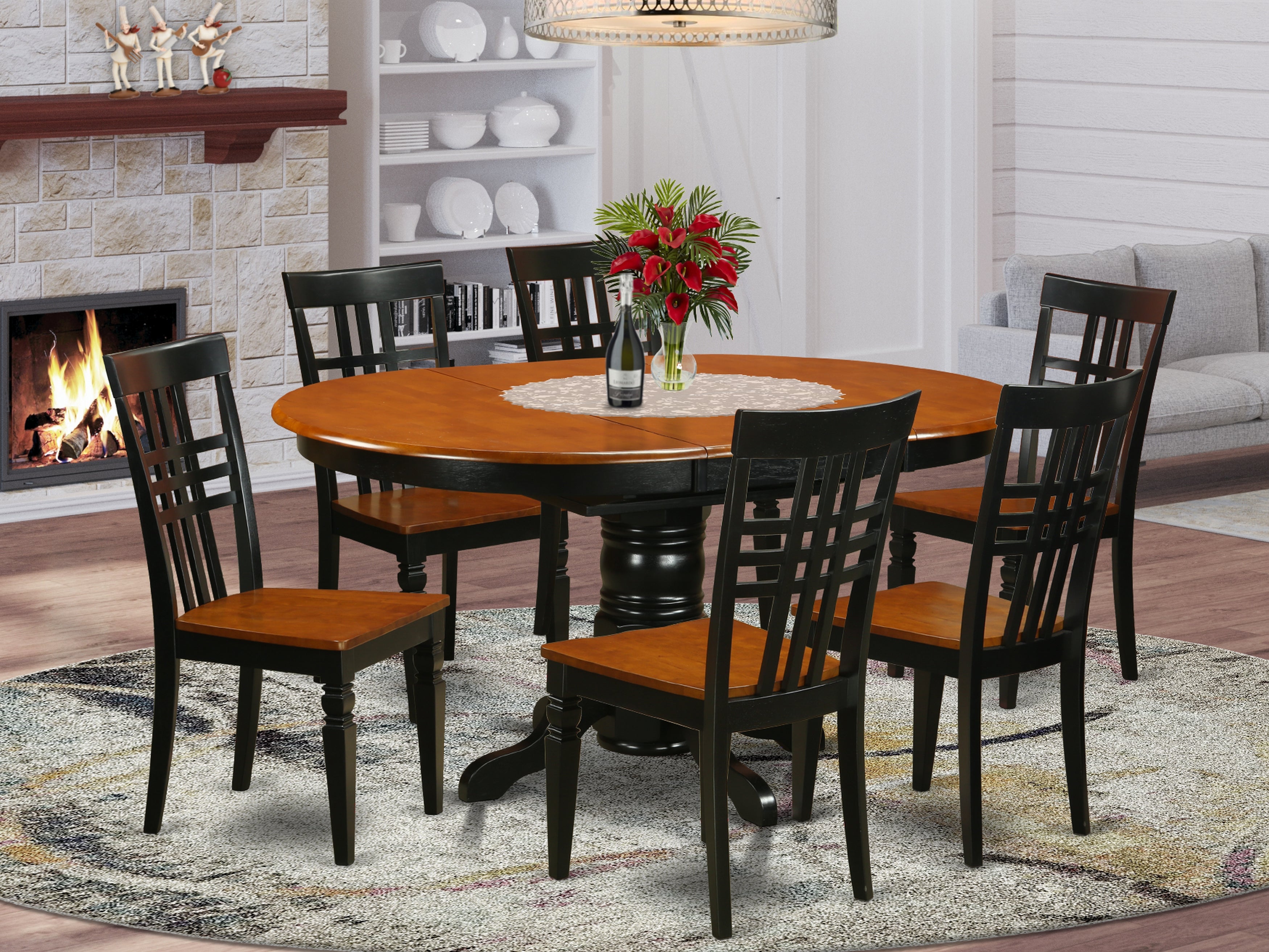 AVLG7-BCH-W 7 Pc Dinette Table with Leaf and 6 Faux Leather Seat Chairs in Black and Cherry.