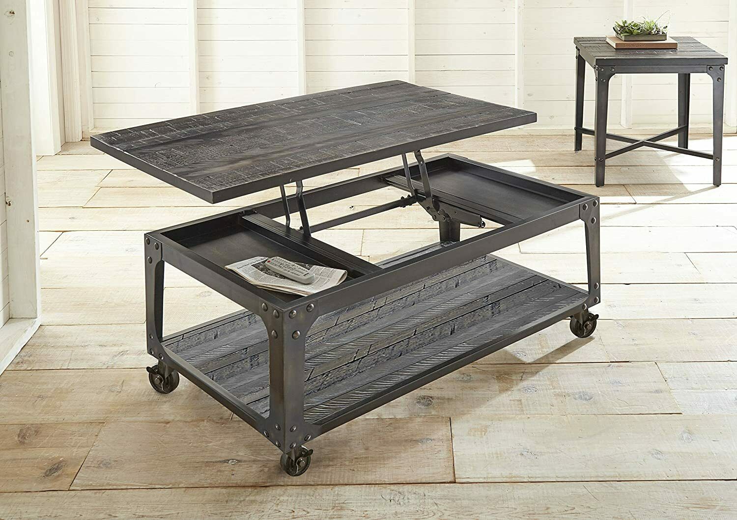 Sherlock Rustic Lift Top Cocktail Coffee Table with casters in Tobacco