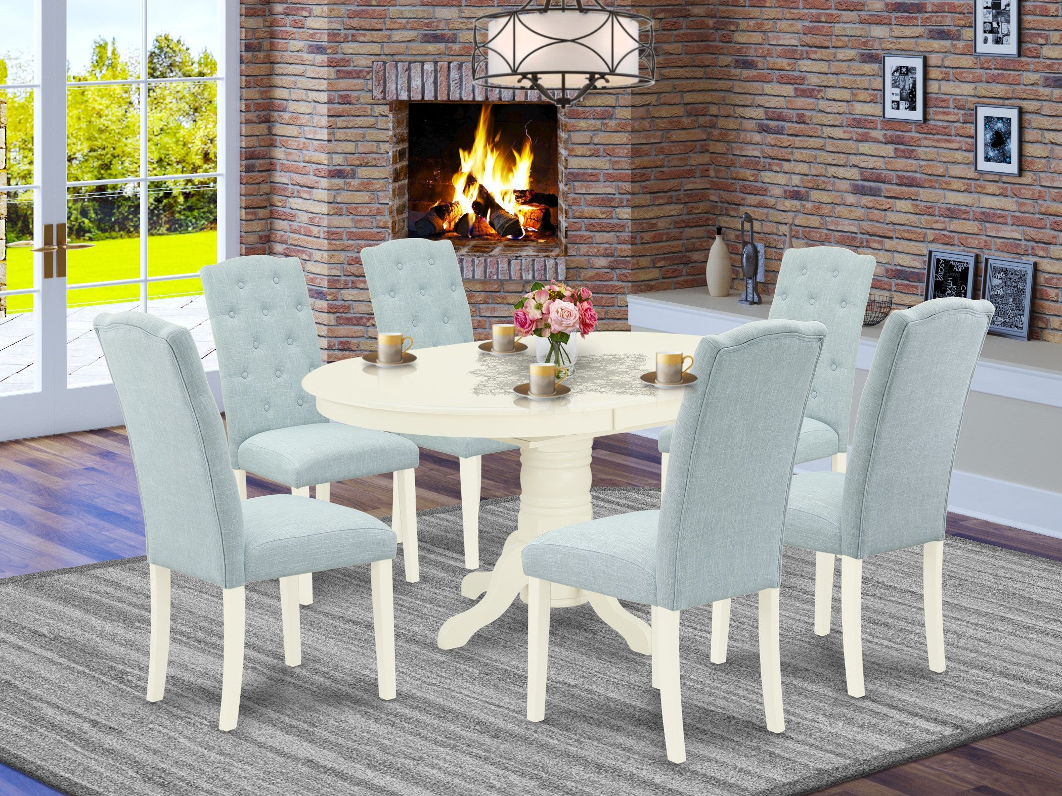 AVCE7-LWH-15 7Pc Dinette Set Includes an Oval Kitchen Table with Butterfly Leaf and Six Parson Chairs with Baby Blue Fabric, Linen White Finish