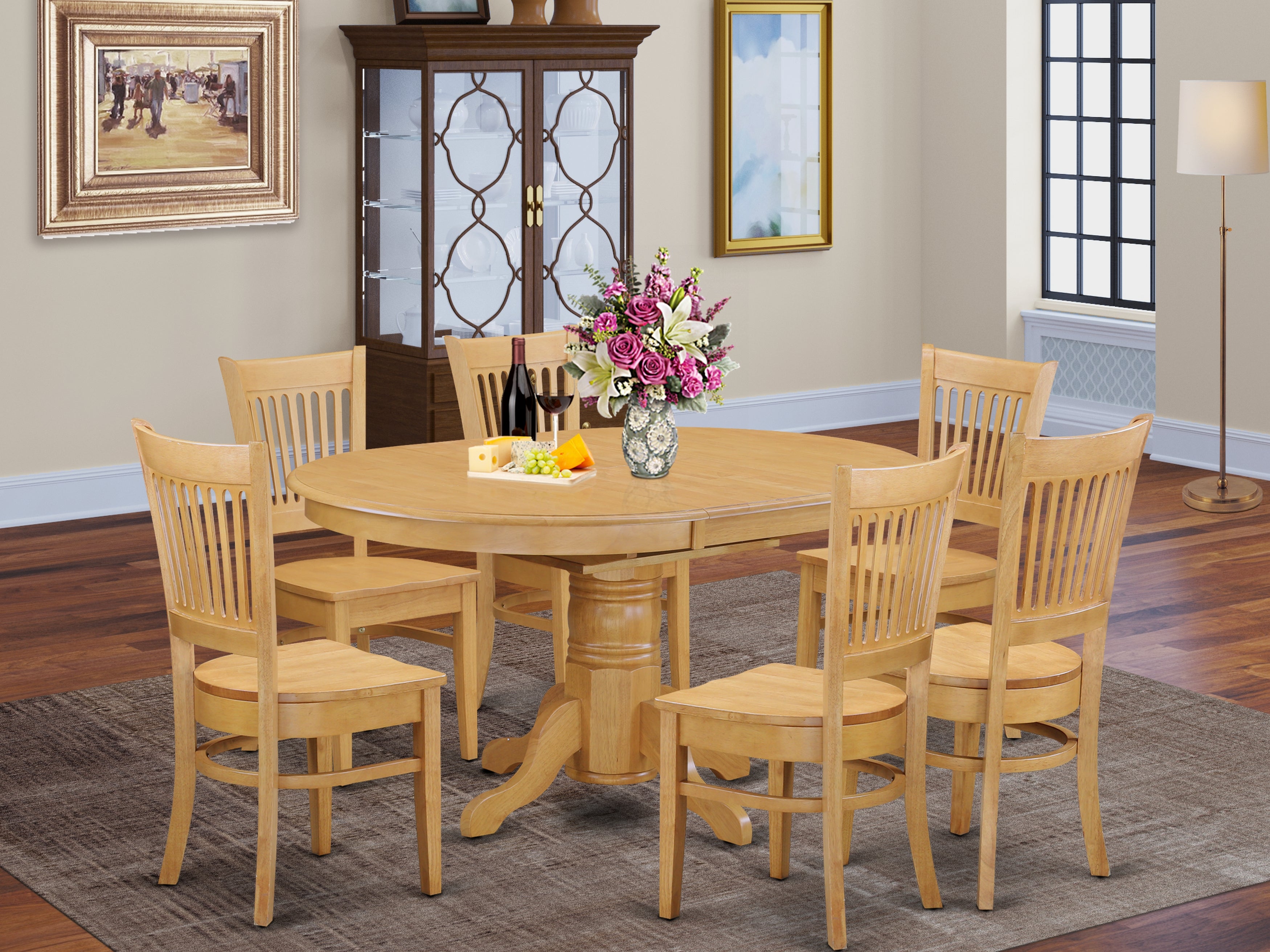 AVVA7-OAK-W 7 PC Dining room set for 6-Table with Leaf and 6 Dining Chairs.