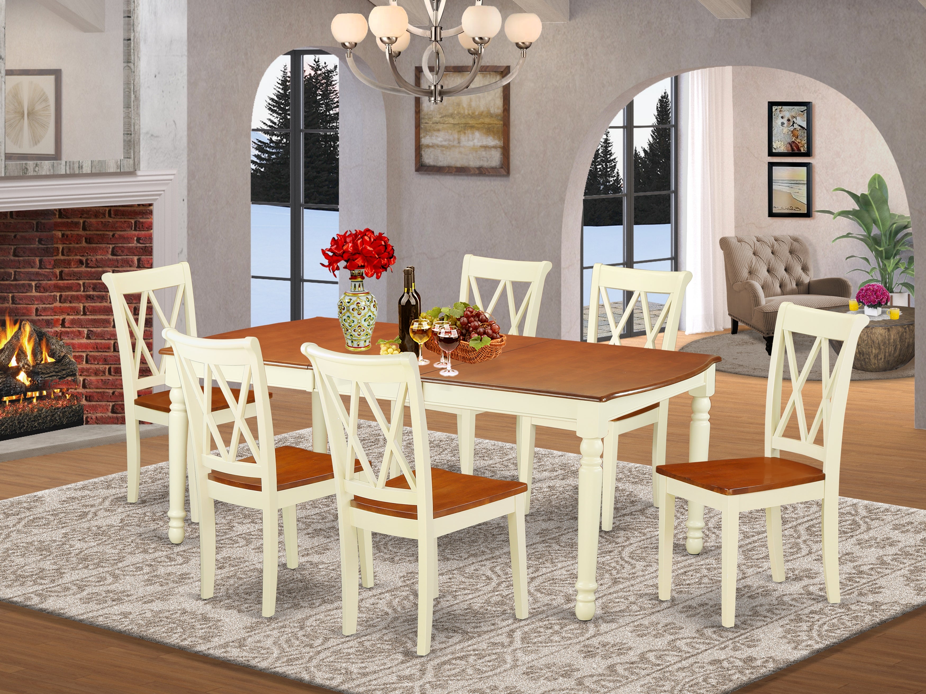 DOCL7-BMK-W 7PC Rectangular 60/78 inch Table with 18 In Leaf and 6 Double X back Chairs