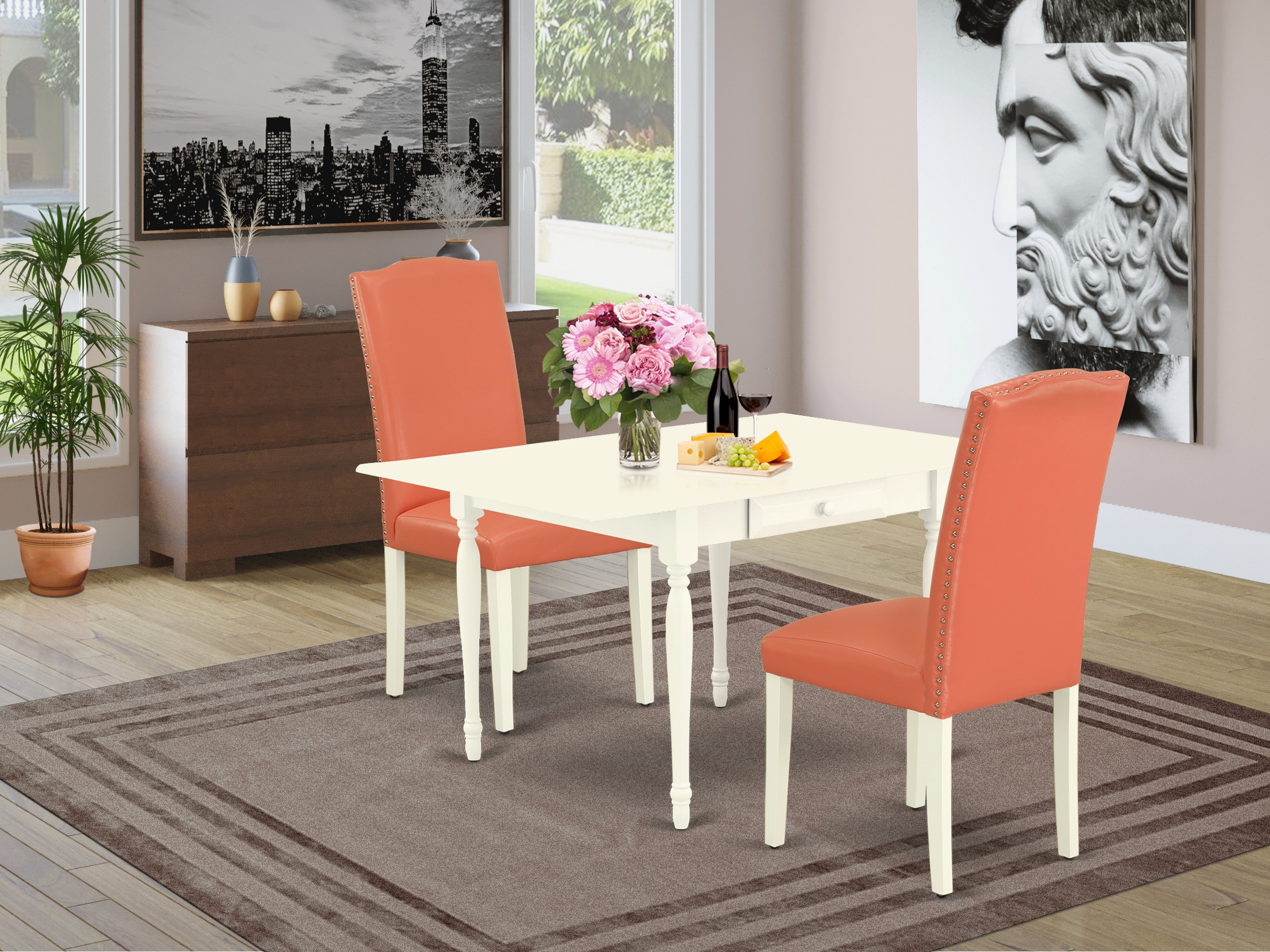 East West Furniture MZEN3-LWH-78 3Pc Dining Table Set for 2 Offers a Dining Room Table and 2 Parsons Dining Chairs with Pink Flamingo Color PU Leather, Drop Leaf Table with Full Back Chairs, Linen White Finish