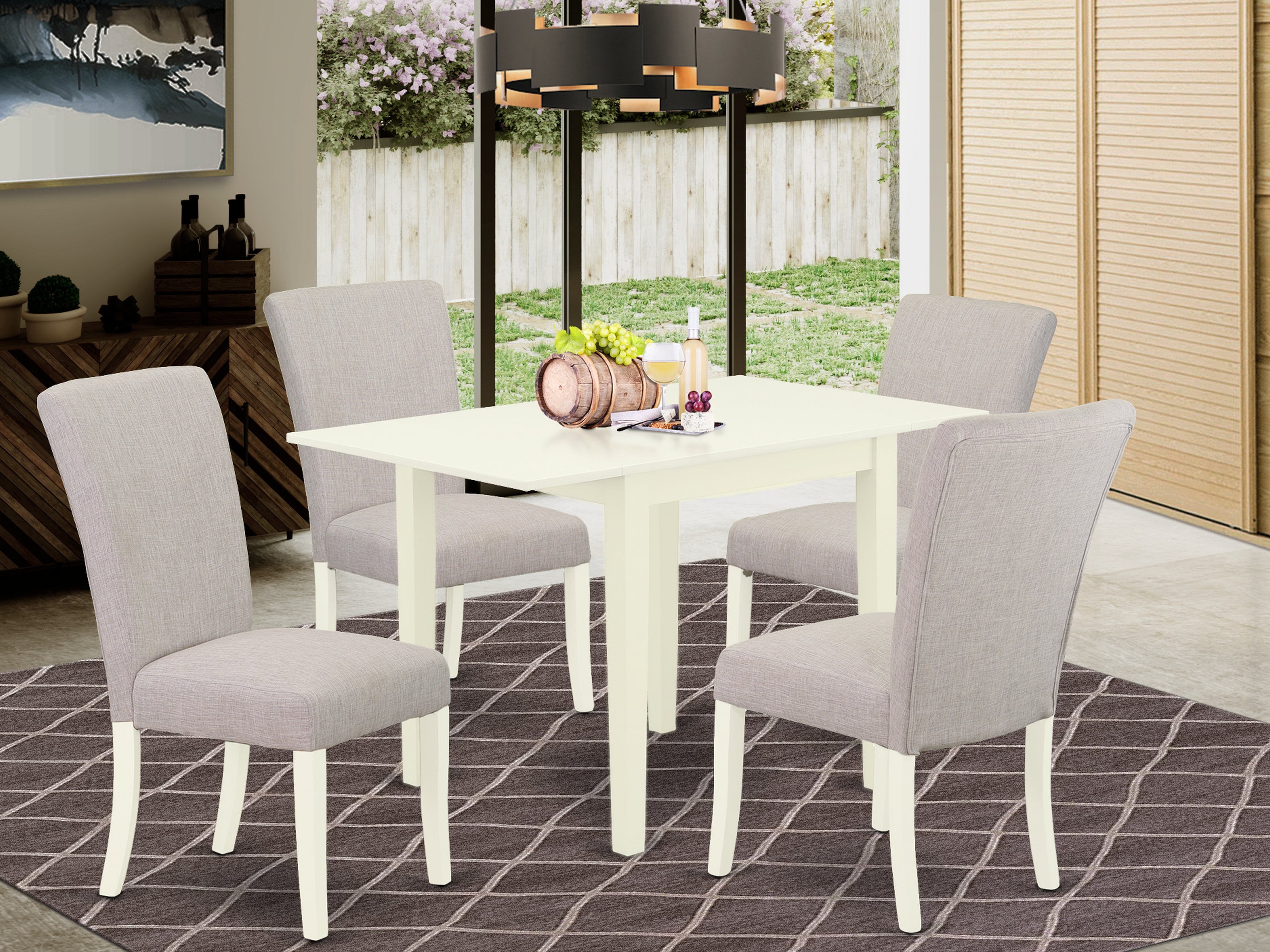 East West Furniture NDAL5-LWH-05 Dining Room Table Set 5 Pc - Four Parson Chairs and a Kitchen Table - Linen White Finish Wood - Doeskin Color Linen Fabric
