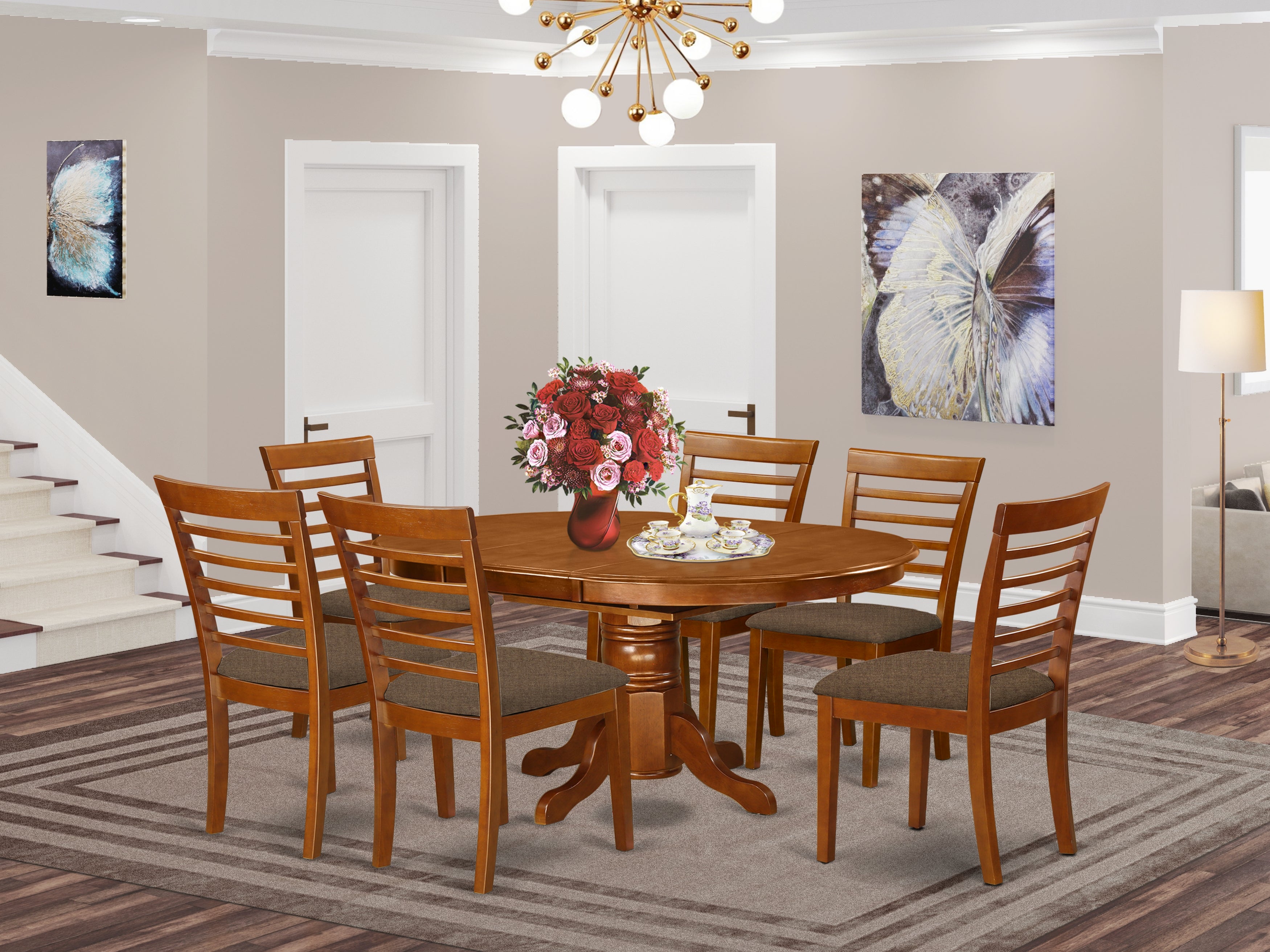 AVML7-SBR-C 7 Pc Dining room set-Oval dinette Table with Leaf and 6 Dining Chairs