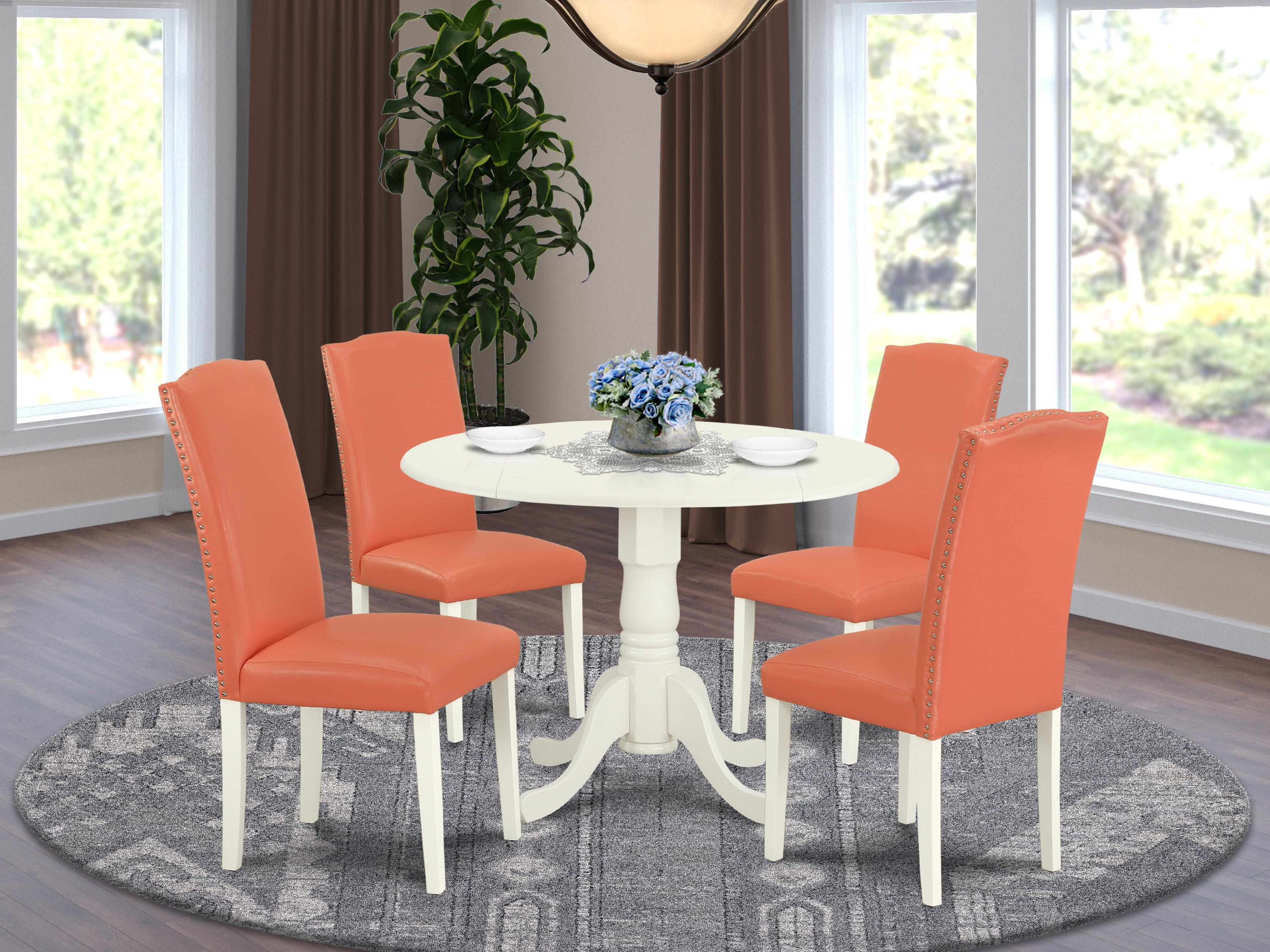 DLEN5-LWH-78 5Pc Round 42" Kitchen Table With Two 9-Inch Drop Leaves And Four Parson Chair With Linen White Leg And Pu Leather Color Pink Flamingo