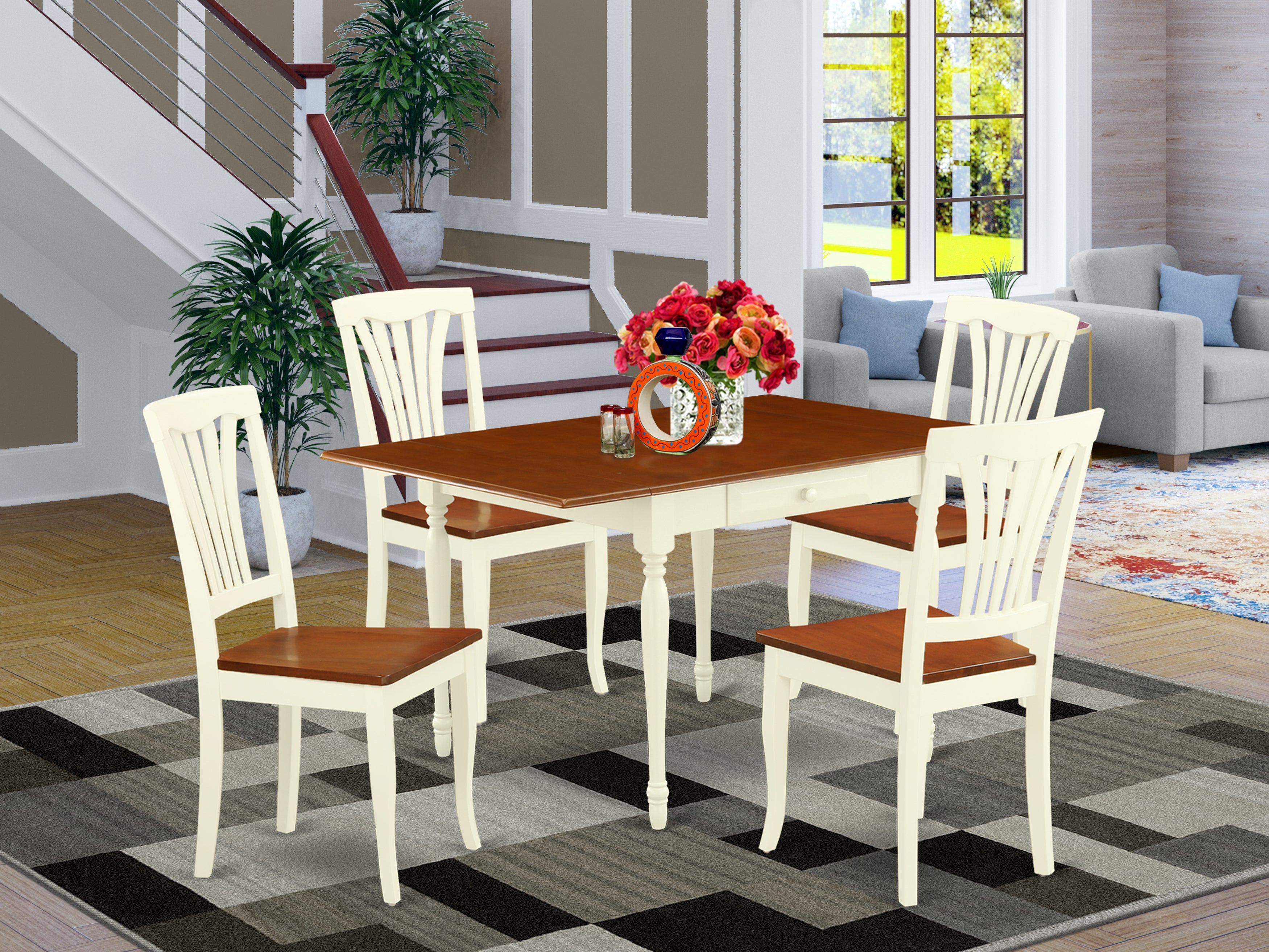 East West Furniture MZAV5-WHI-W 5Pc Dining Set Includes a Wood Dining Table and 4 Modern Dining Chairs with Wooden Seat, Drop Leaf Table with Slat Back Chairs, Buttermilk and Cherry Finish