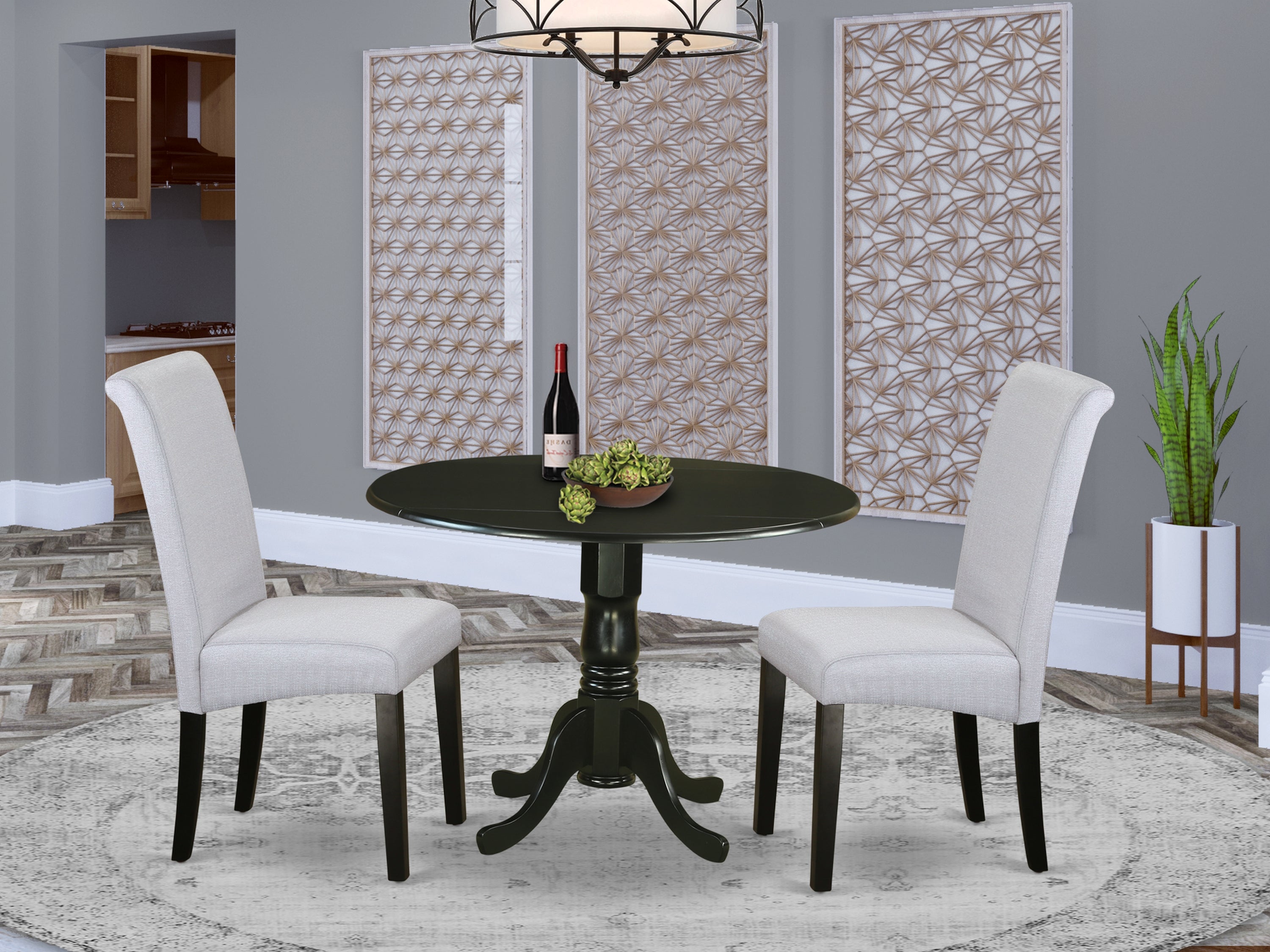 DLBA3-BLK-05 3Pc Small Round table with linen grayish blue fabric kitchen chairs with black chair legs