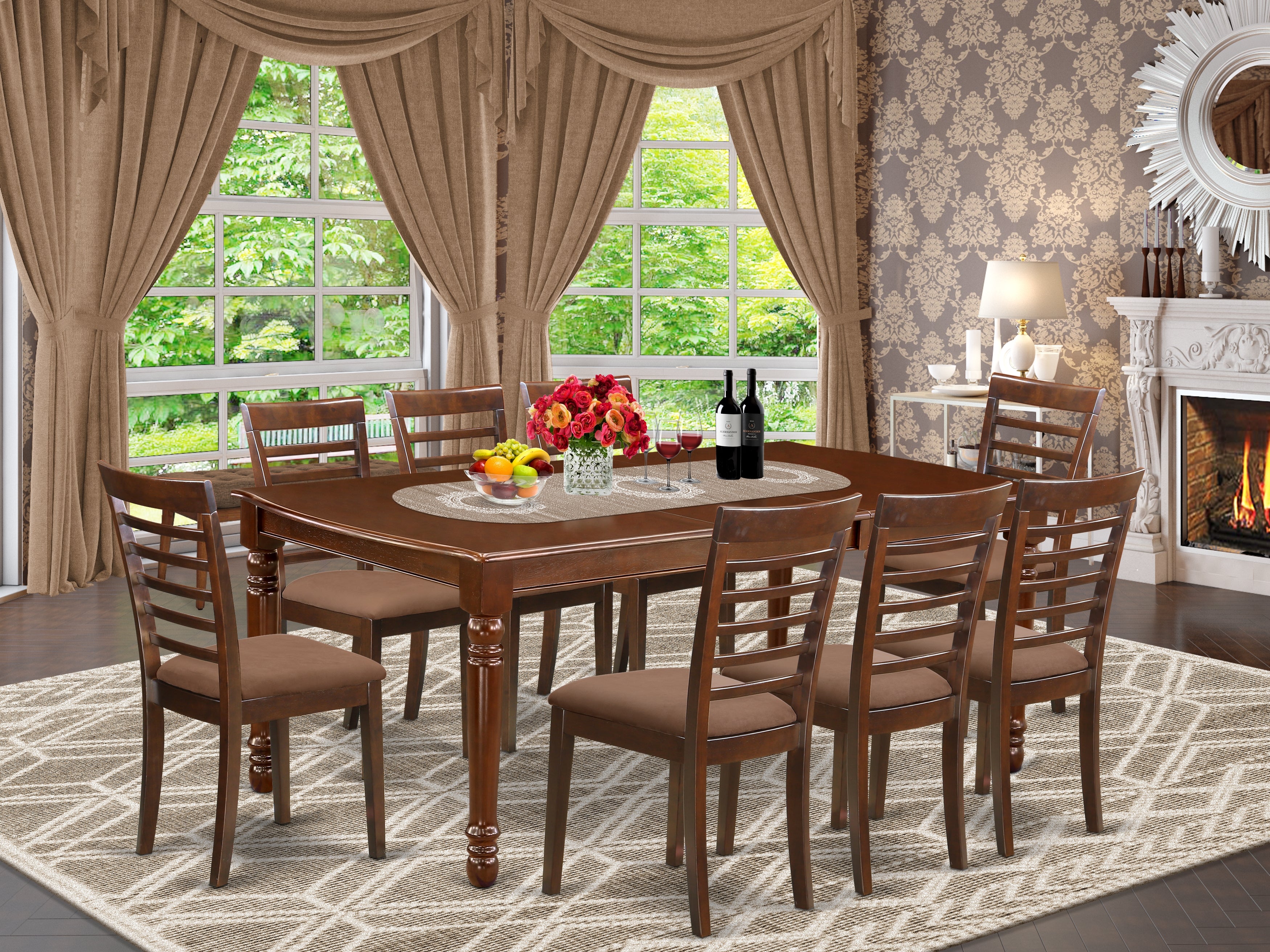 DOML9-MAH-C 9Pc Rectangle 60/78" Dining Room Table With 18 In Self Storing Butterfly Leaf And 8 Microfiber Upholstery Seat Chairs
