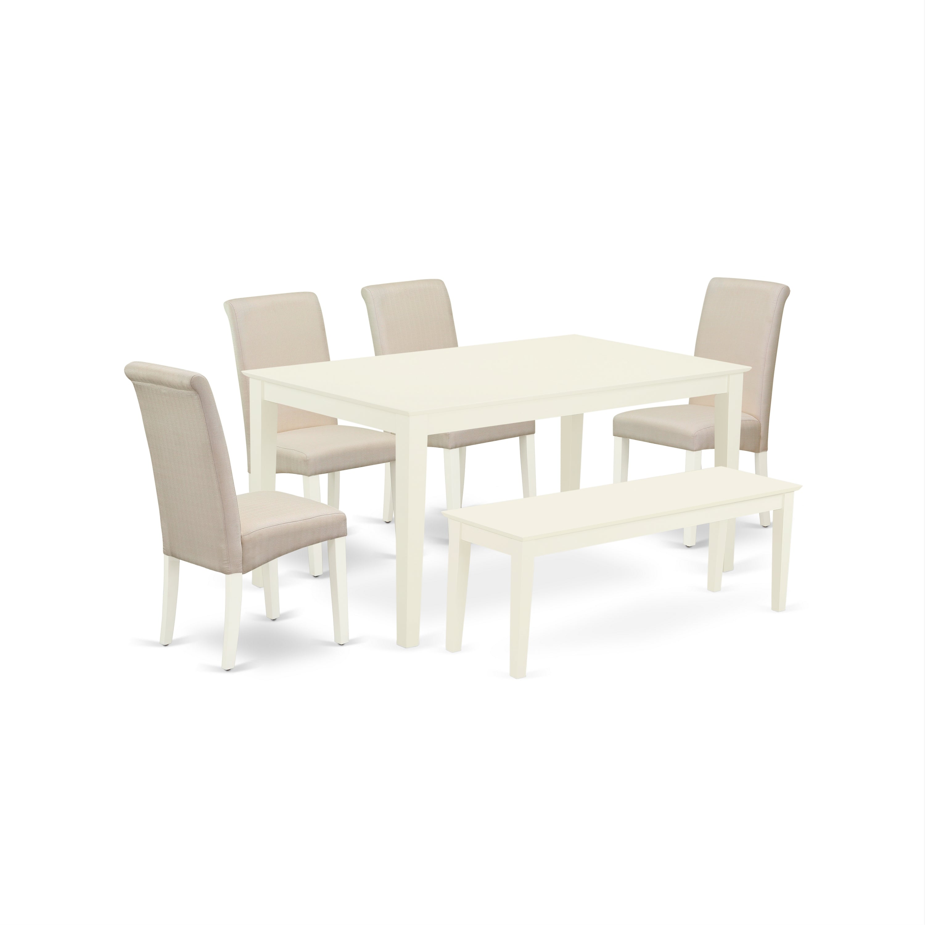 CABA6-LWH-01 6Pc Dining Set Includes a Rectangle Dinette Table and Four Parson Chairs with Cream Fabric and a Bench, Linen White Finish