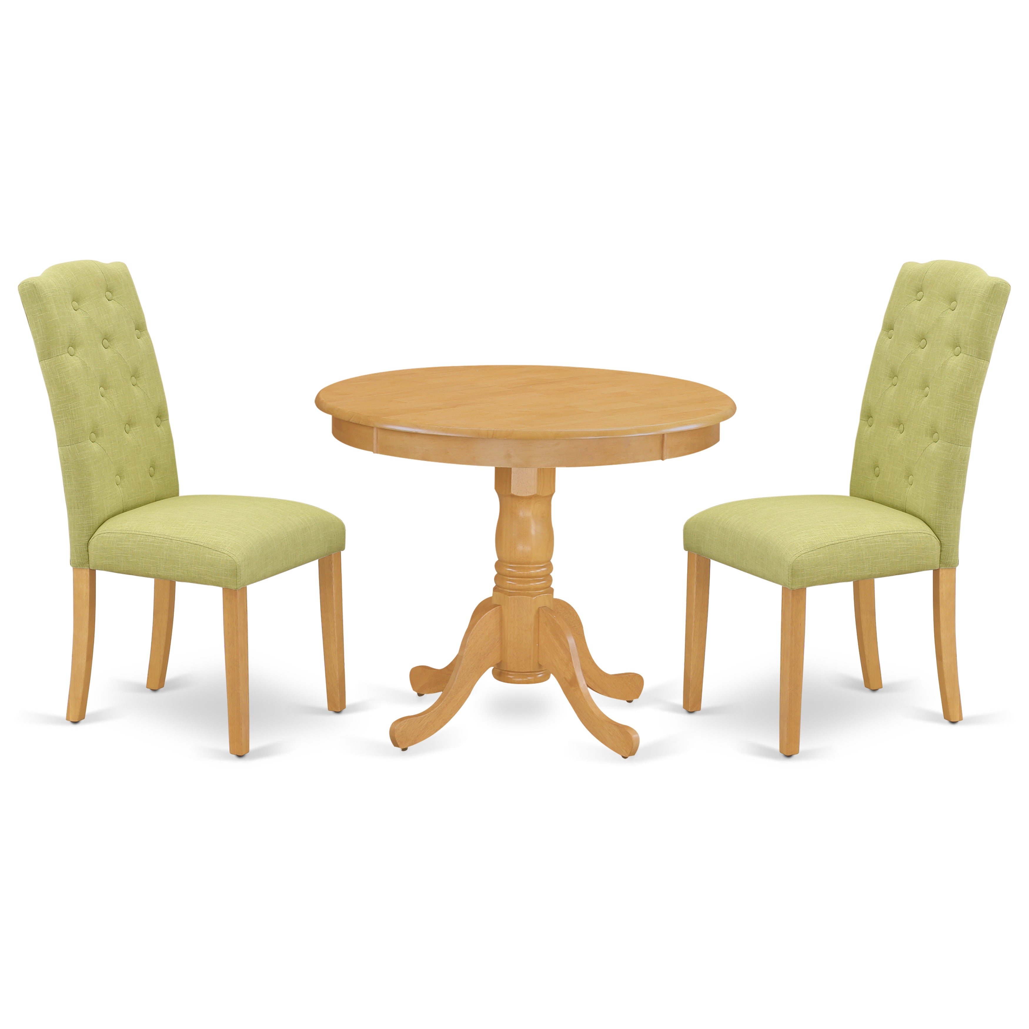 ANCE3-OAK-07 3Pc Dinette Set Includes a Small Rounded Kitchen Table and Two Parson Chairs with Lime Green Fabric, Oak Finish