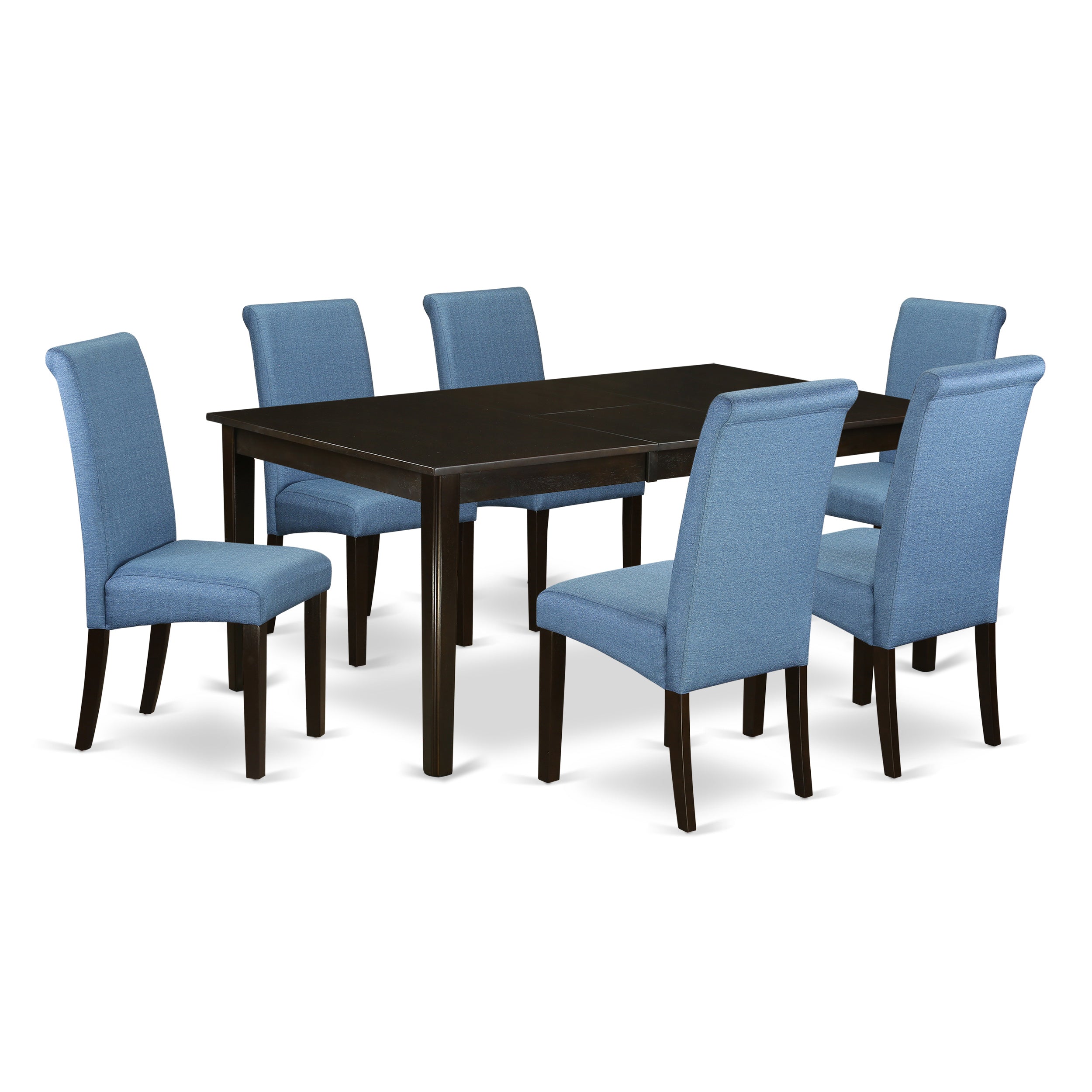 HEBA7-CAP-21 7Pc Kitchen table with linen Blue fabric dining chairs with cappuccino chair legs