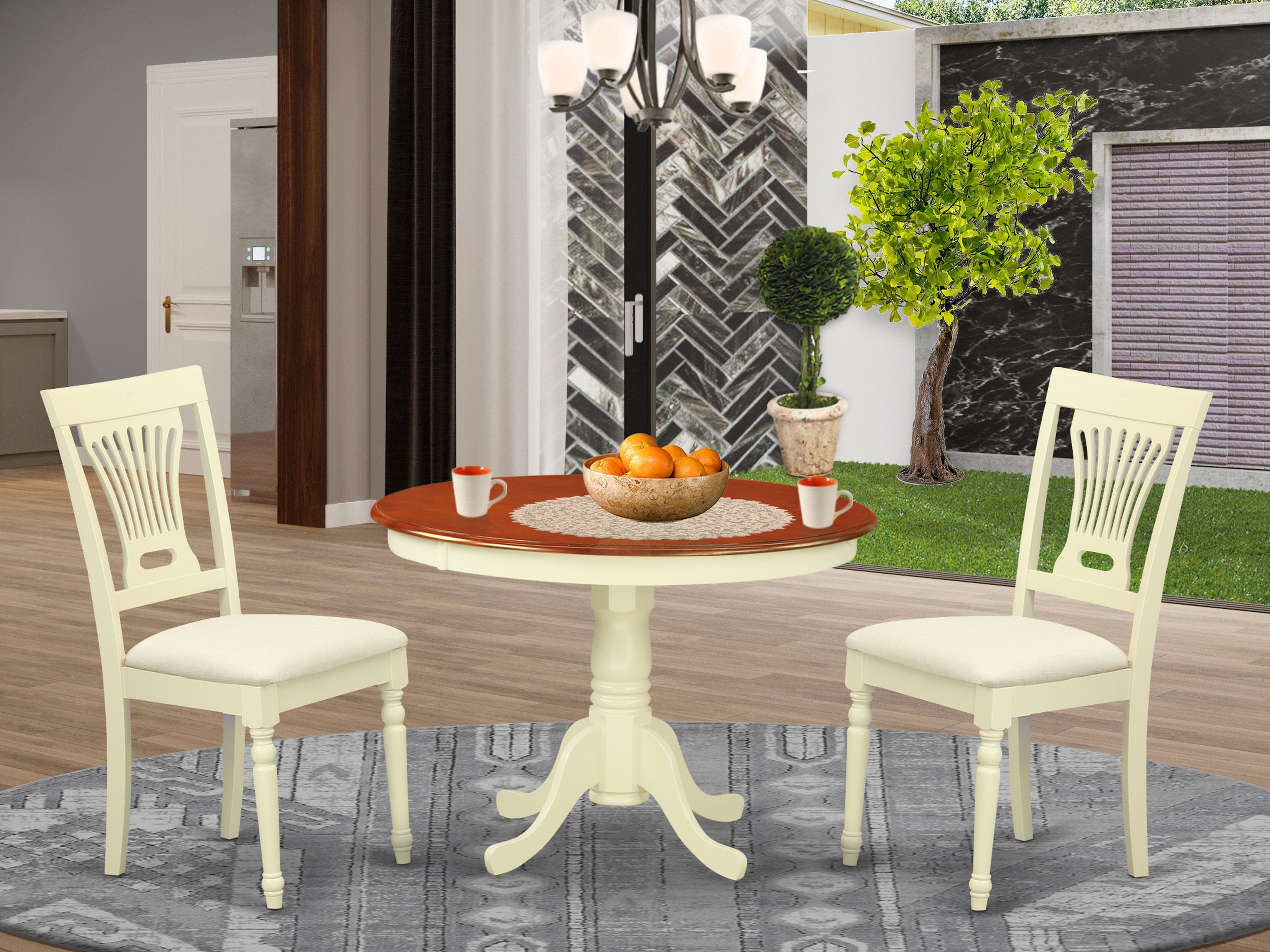 HLPL3-BMK-C 3 Pc set with a Dining Table and 2Seat Dinette Kitchen Chairs in Buttermilk and Cherry .