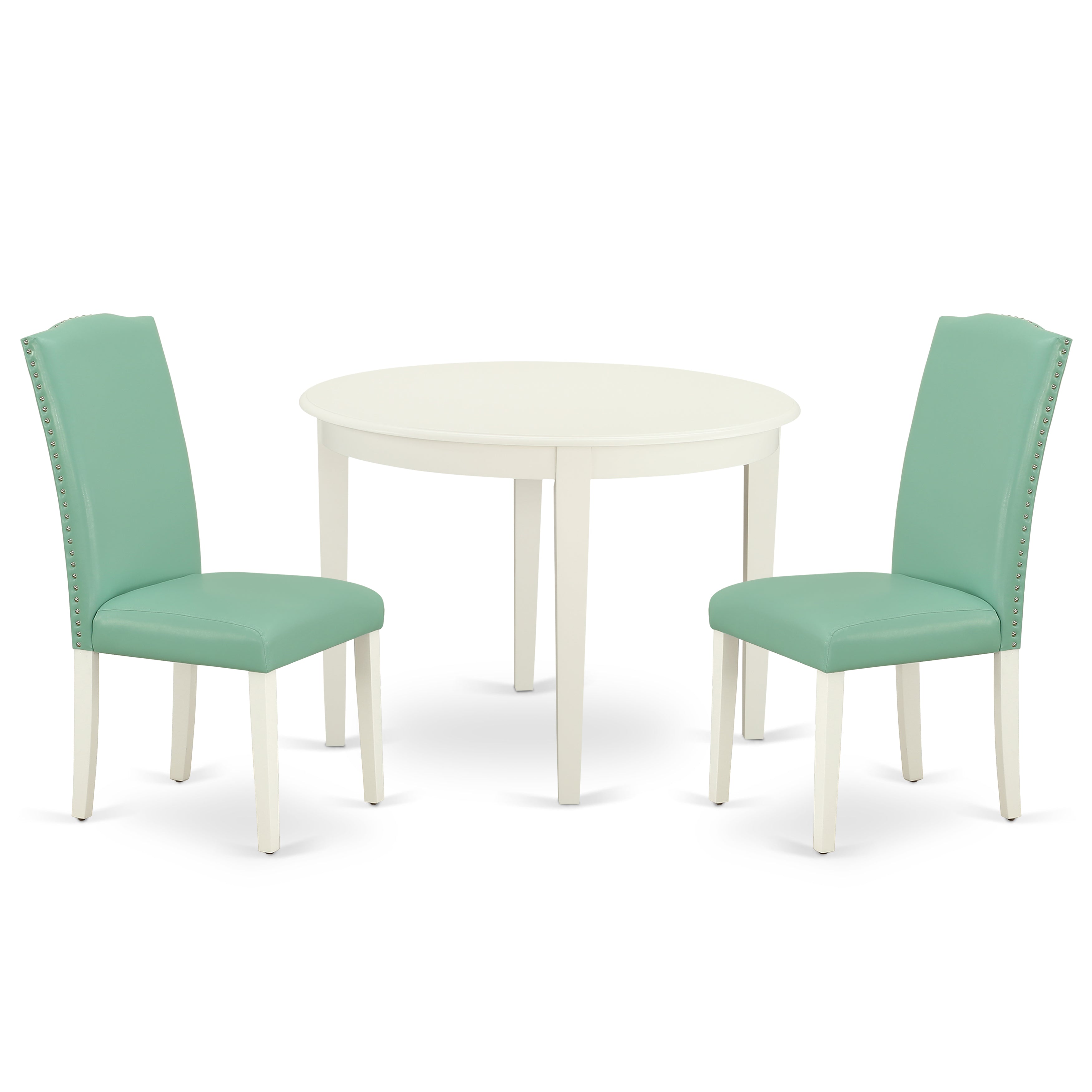 BOEN3-LWH-57 3Pc Round 42" Table And Two Parson Chair With Linen White Leg And Pu Leather Color Pond