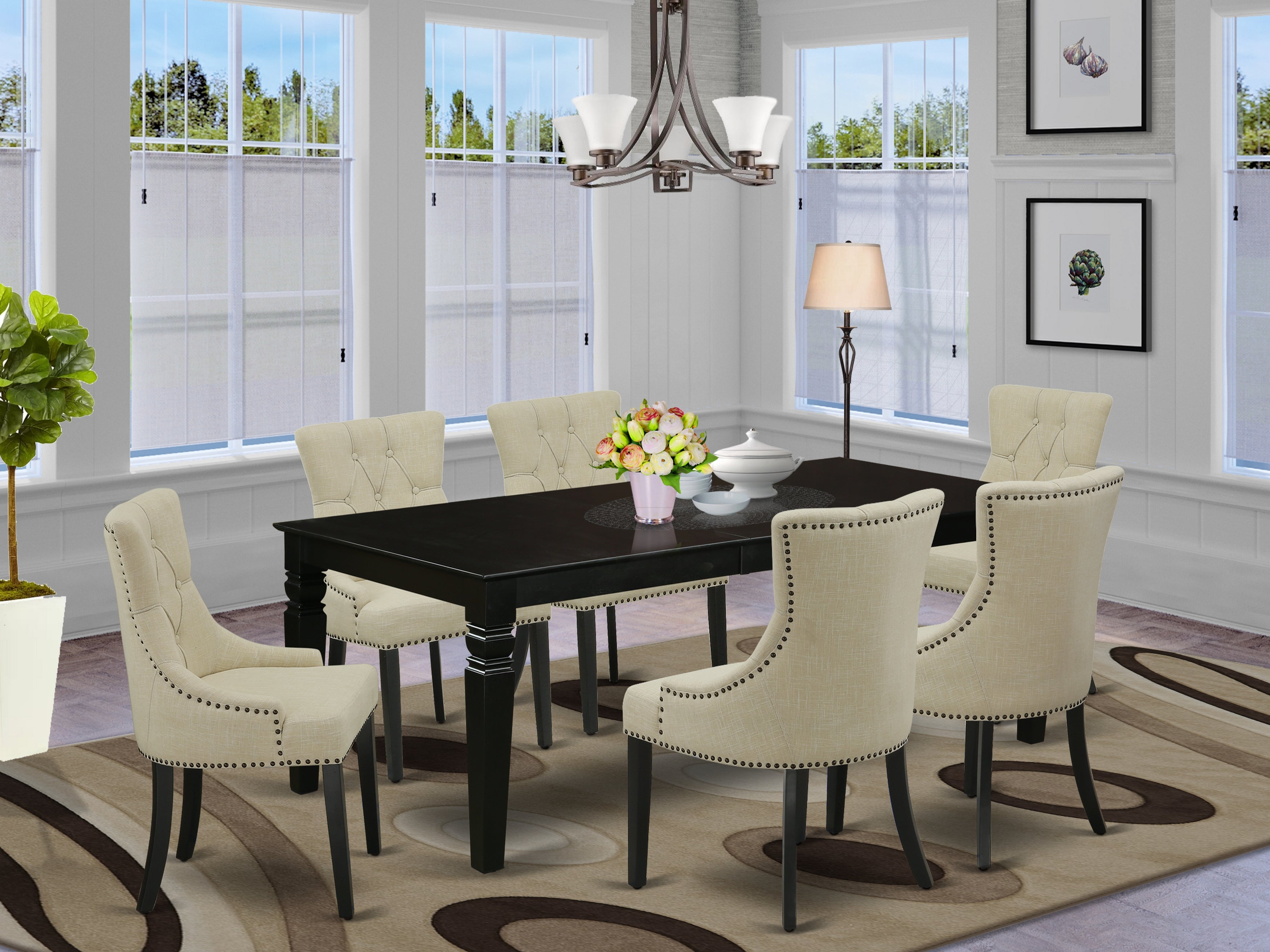 LGFR7-BLK-02 7Pc Dinette Set Includes a Rectangular Kitchen Table with Butterfly Leaf and Six Parson Chairs with Light Beige Fabric, Black Finish