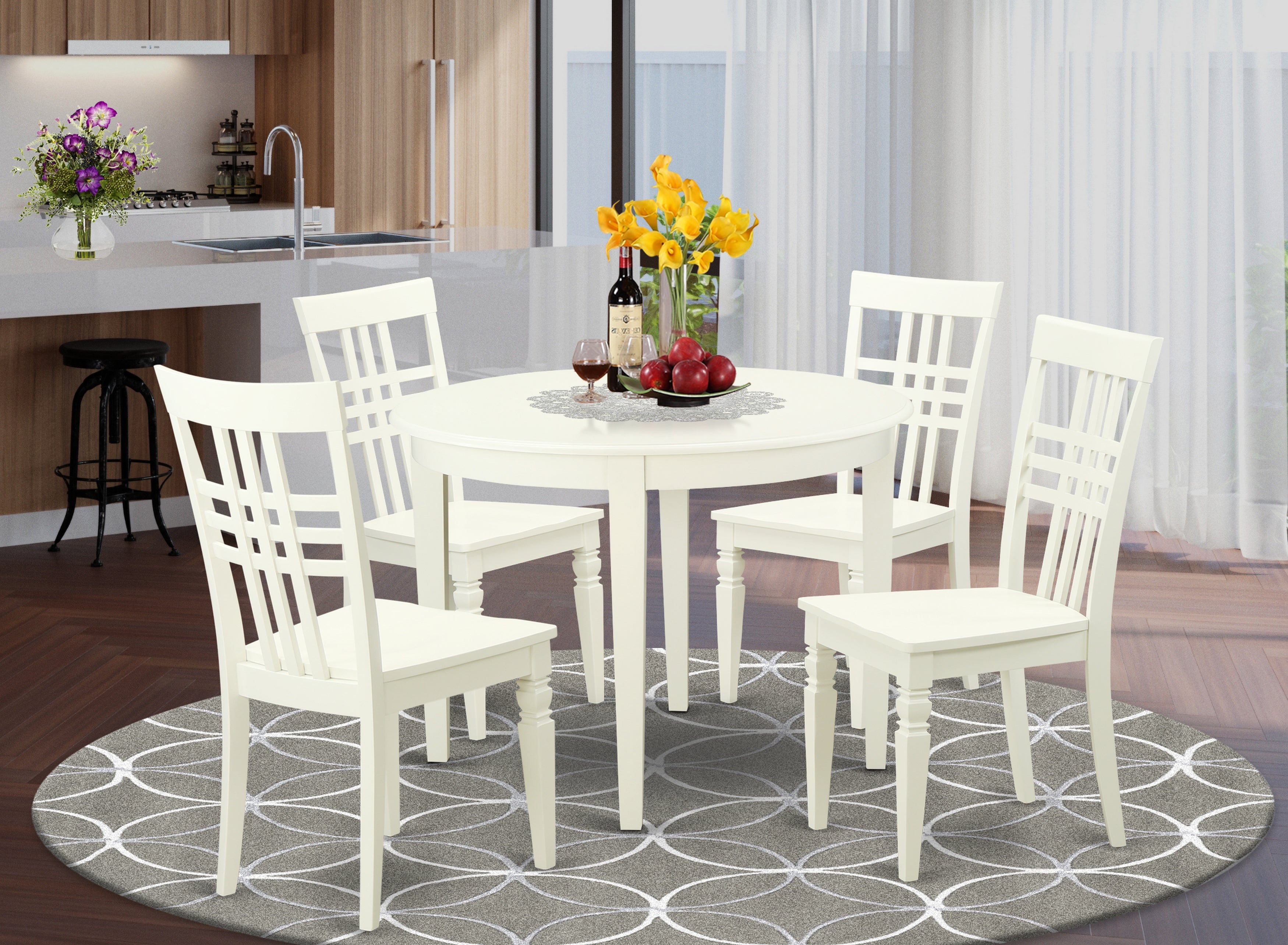 BOLG5-LWH-W 5 PC Table and chair set with a Boston Table and 4 Dining Chairs in Linen White