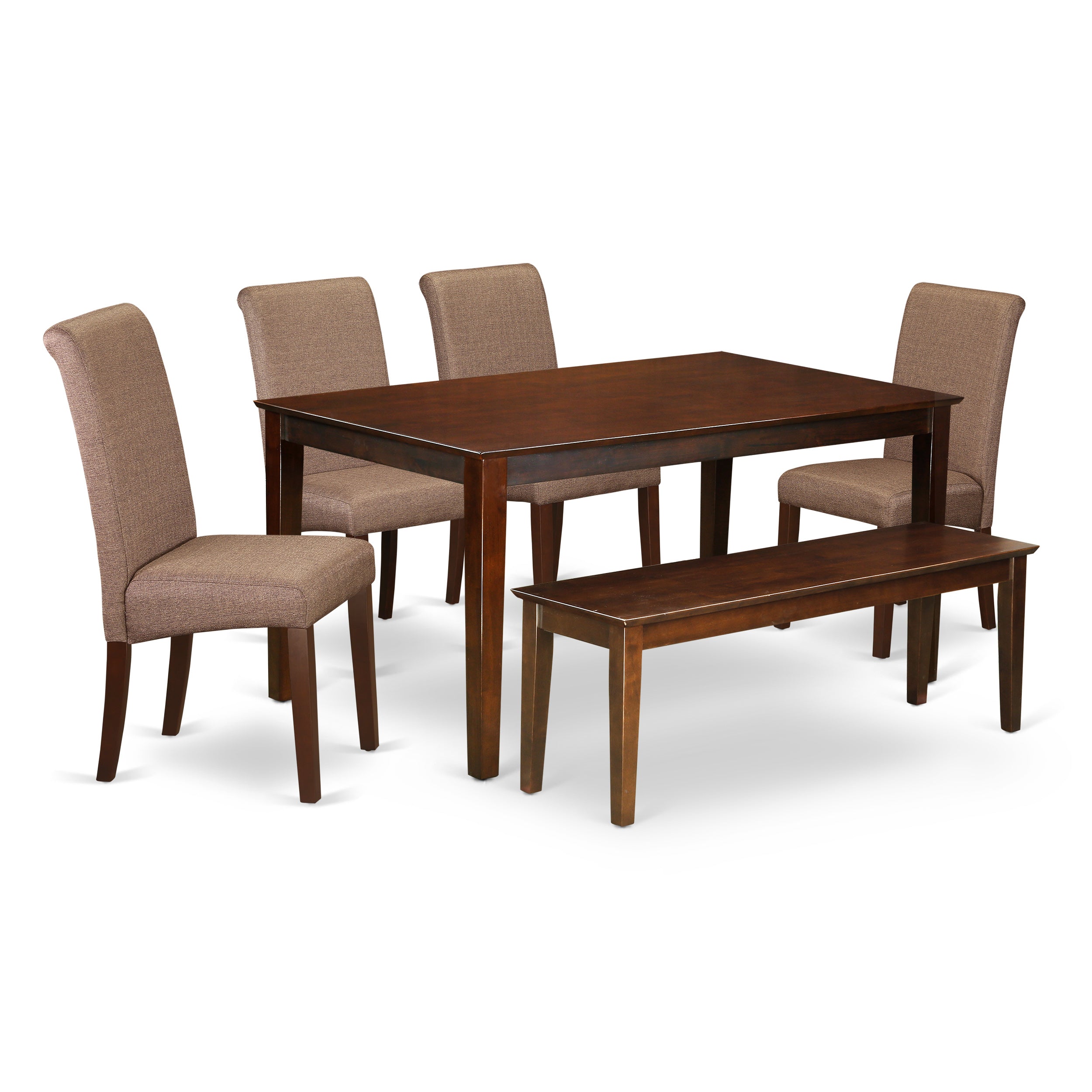 CABA6-MAH-18 6Pc Kitchen table with linen brown fabric dining chairs plus one bench