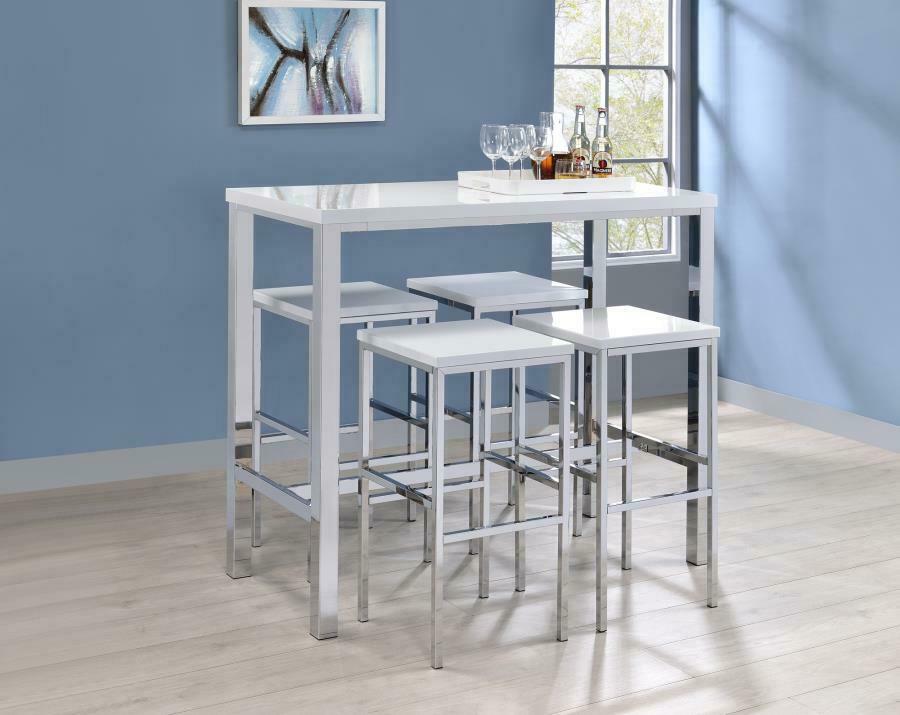 Modern 5-Piece Pub Bar Table And Stool Set White High Gloss And Chrome