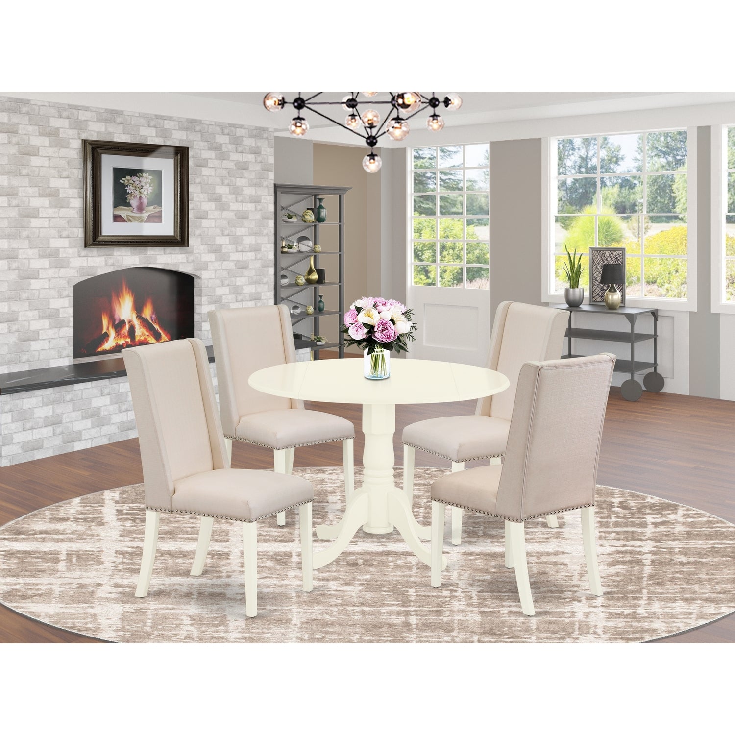 East West Furniture DLFL5-WHI-01 5-Piece Round Dinette Set Included a Round Living Room Table & 4 Fabric Kitchen Chairs, Cream Linen Fabric Parson Chairs Seat & Rubber Wood Legs, Linen White Finish