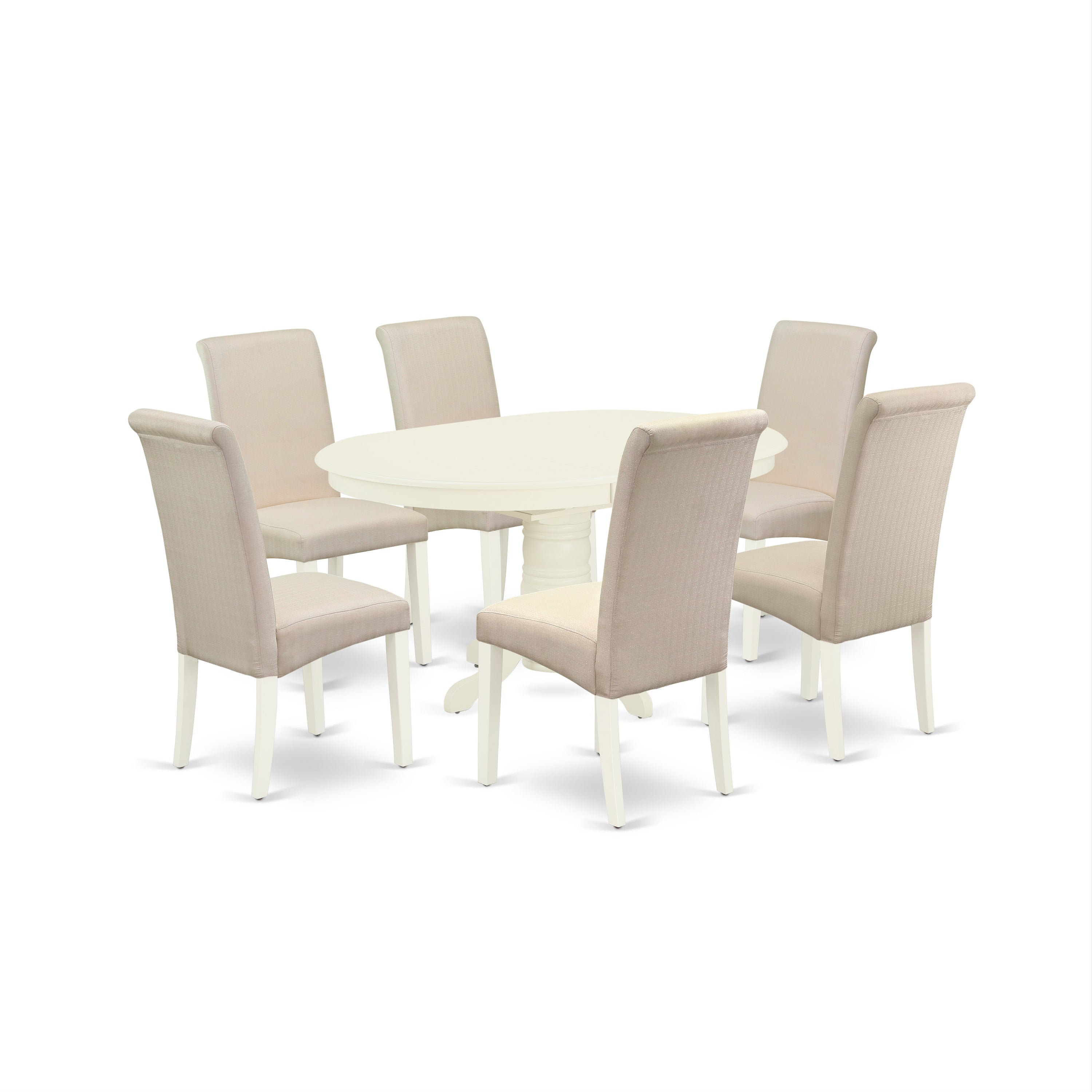 AVBA7-LWH-01 7Pc Dinette Set Includes an Oval Kitchen Table with Butterfly Leaf and Six Parson Chairs with Cream Fabric, Linen White Finish