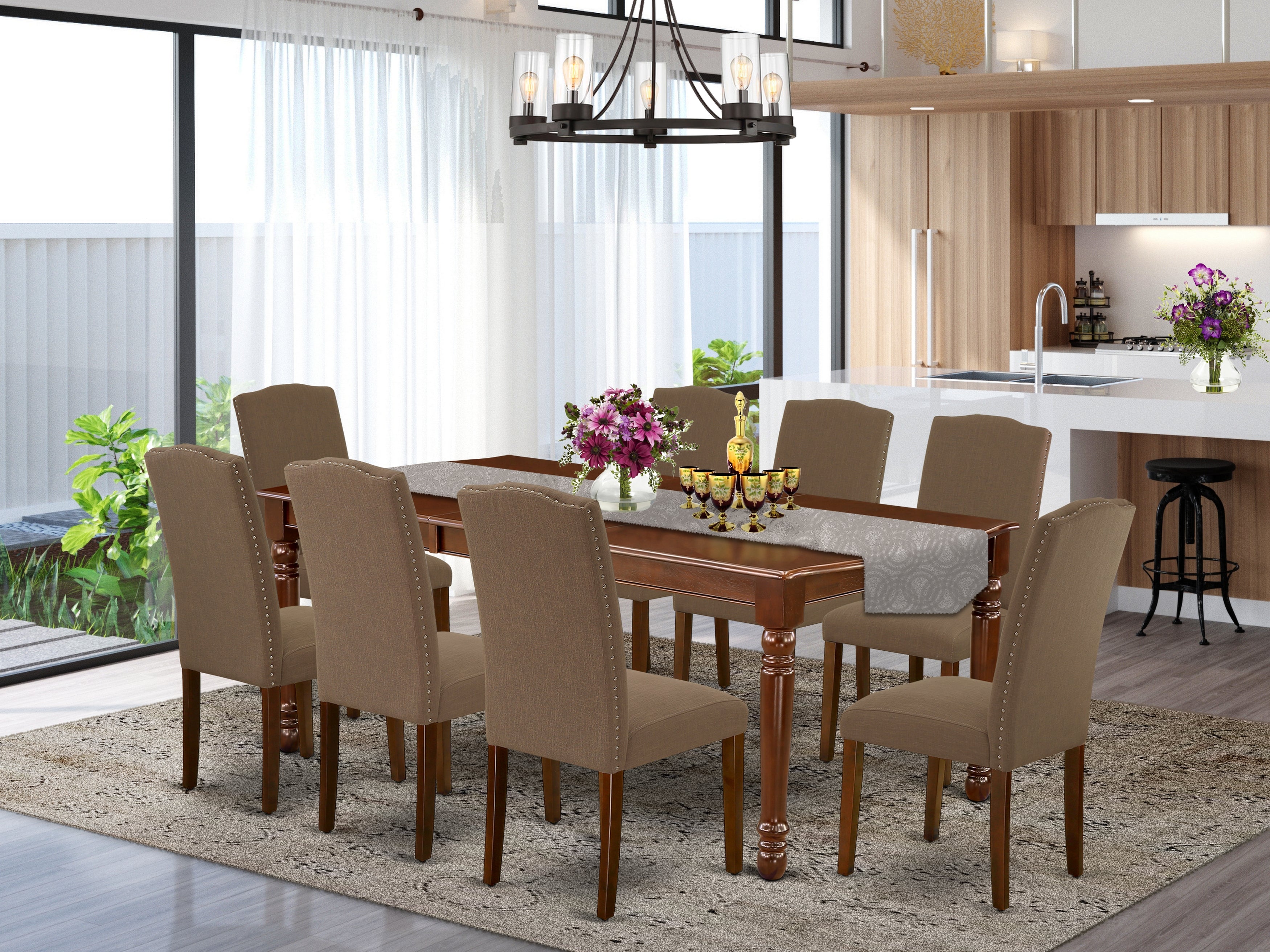 DOEN9-MAH-18 9Pc Rectangle 60/78 Inch Dining Table With 18 In Leaf And 8 Parson Chair With Mahogany Leg And Linen Fabric Dark Coffee