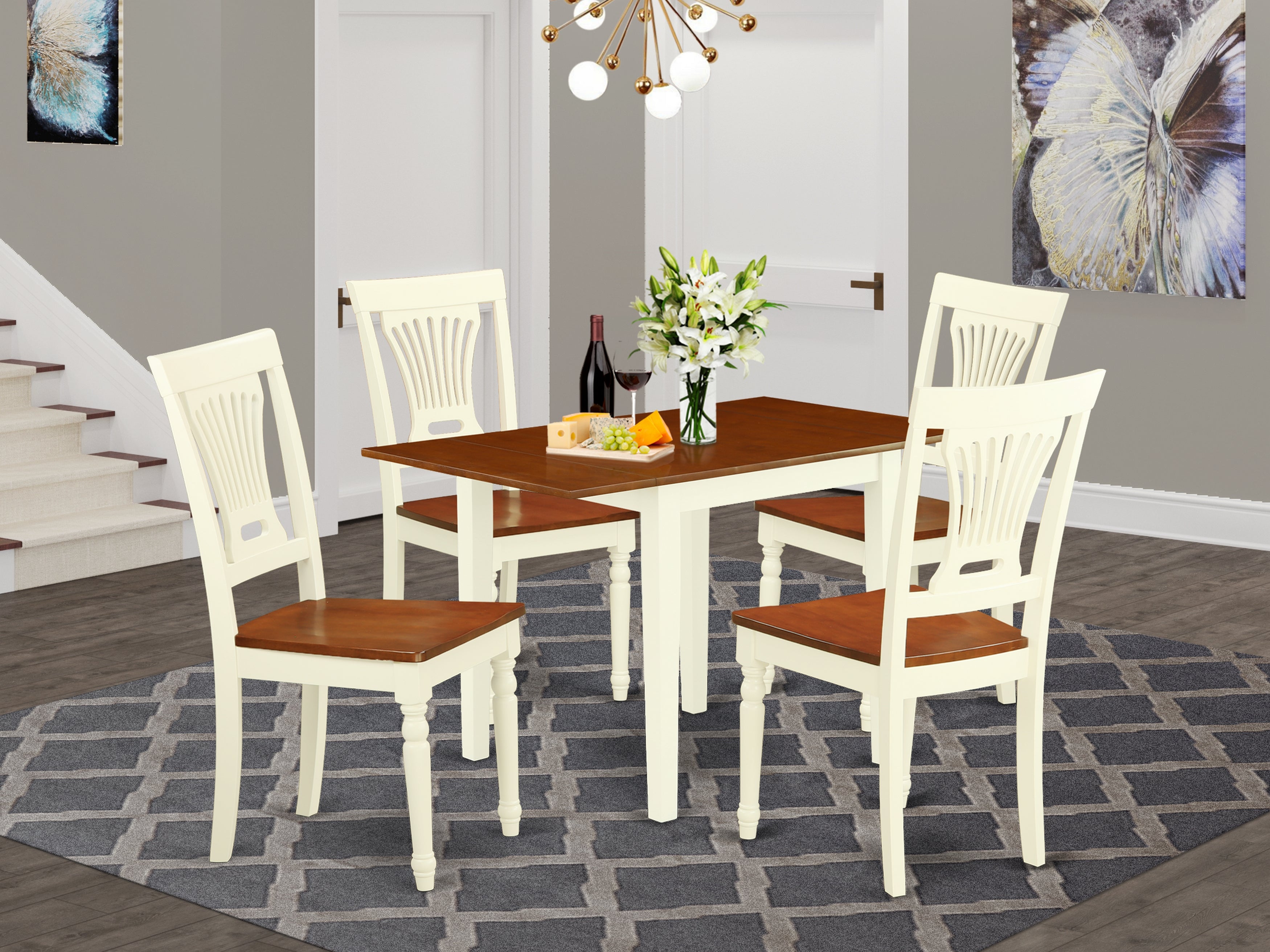 East West Furniture NDPL5-WHI-W, 5Pc Dinette Set for Small Spaces Features a Wood Dining Table and 4 Dining Room Chair with Solid Wood Seat and Panel Back, Buttermilk and Cherry Finish