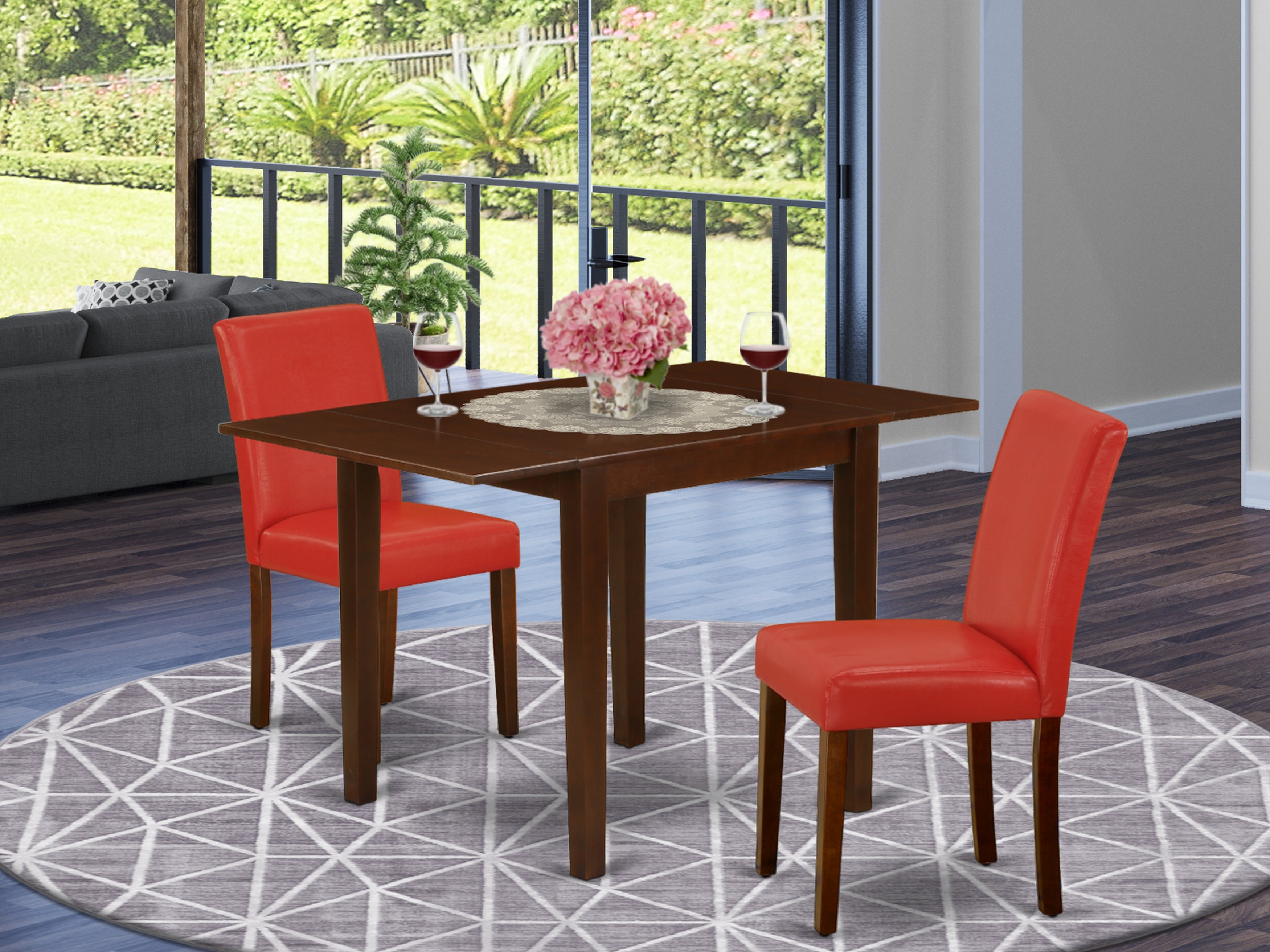 East West Furniture NDAB3-MAH-72 Modern Dining Table Set 3 Pc - 2 Dining Room Chairs and a Dinner Table - Mahogany Finish Solid wood - Firebrick Red Pu Leather
