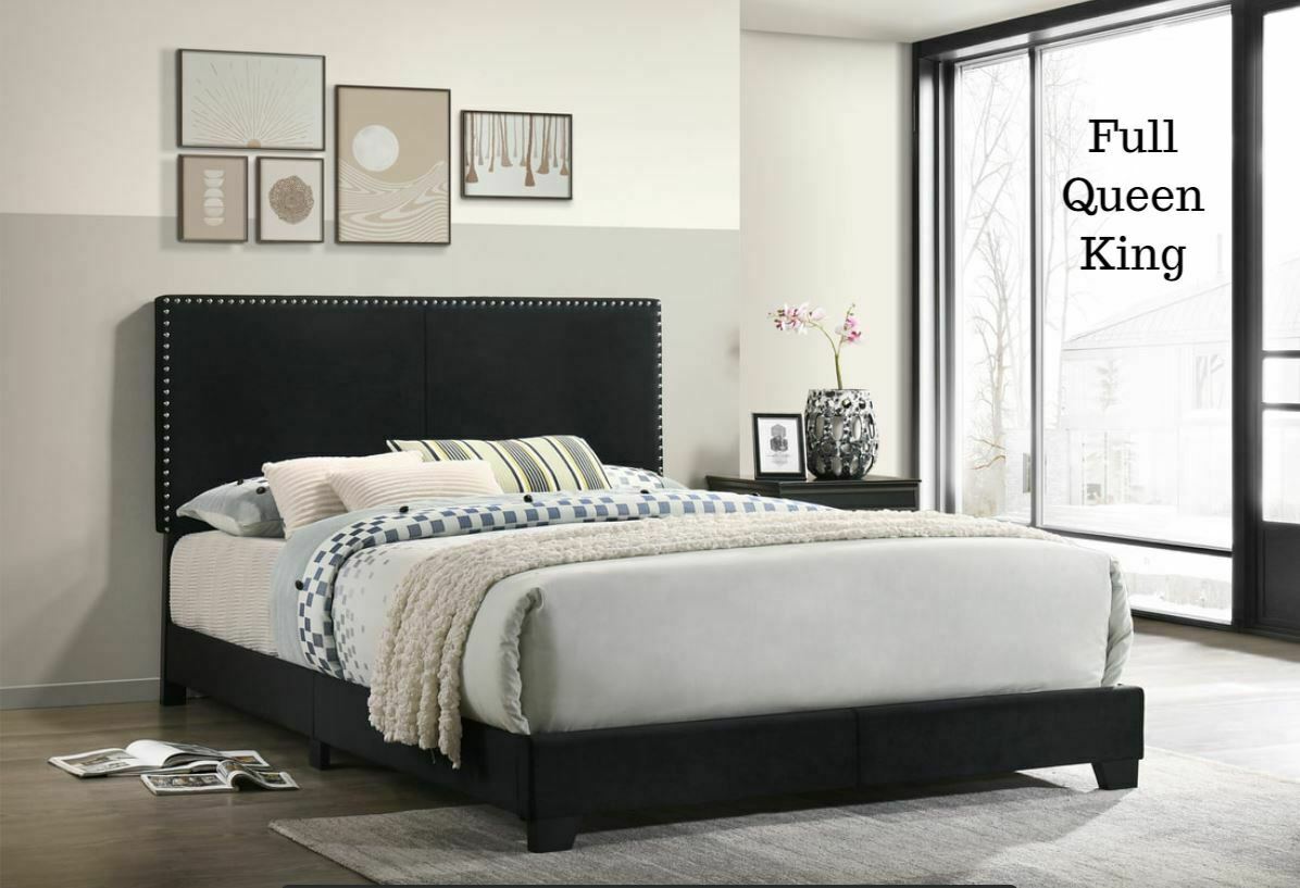 Platform Upholstered Black Nailhead Velvet Bed Frame Headboard King Queen Full