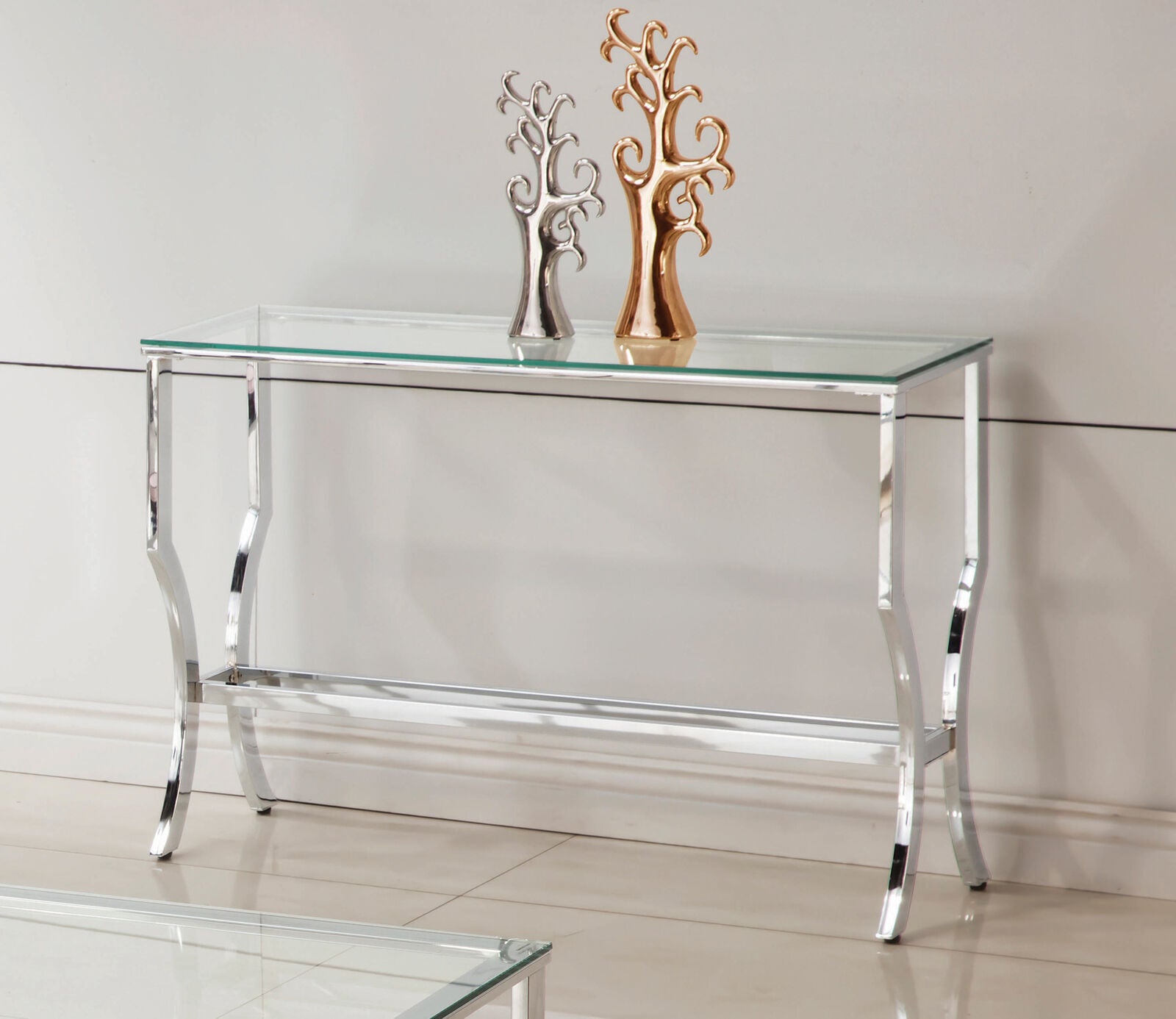 Coaster Modern Rectangular Sofa Table With Mirrored Shelf Chrome 720339