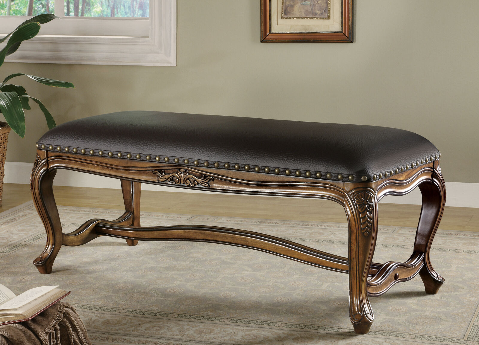 Coaster Traditional Carved Upholstered Leatherette Bench Brown And Black 501006