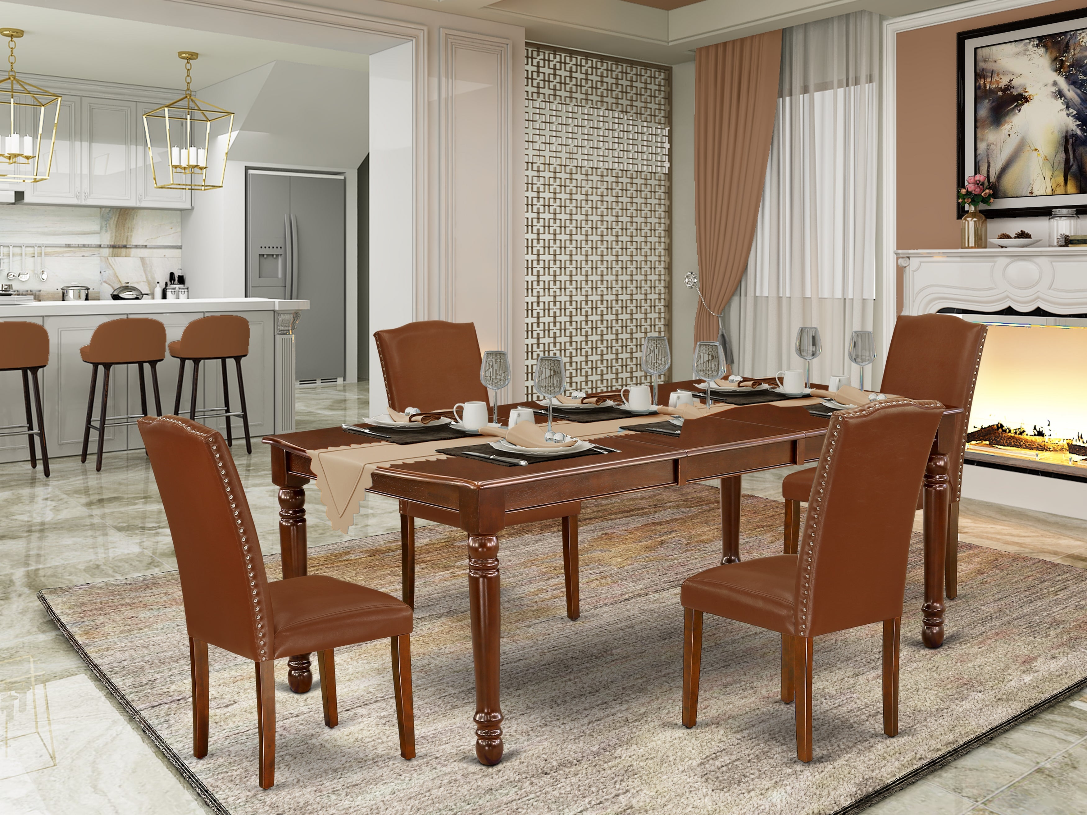 DOEN5-MAH-66 5Pc Rectangular 60/78" Table With 18 In Leaf And Four Parson Chair With Mahogany Leg And Brown Flaux Leather