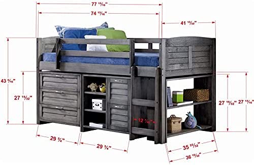 Donco Kids Louver Modular Low Loft Bed Combo B, Twin, Antique Grey