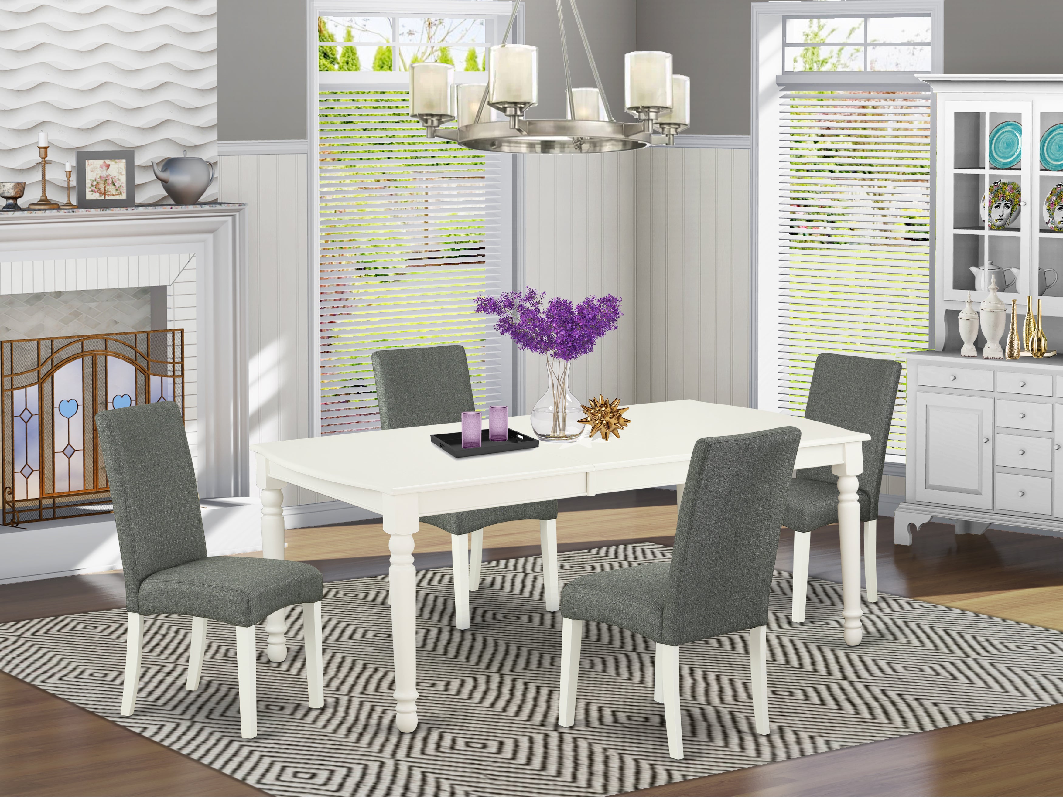 DODR5-LWH-07 5Pc Rectangular 60/78" Table With 18 In Leaf And Four Parson Chair With Linen White Finish Leg And Linen Fabric- Gray Color