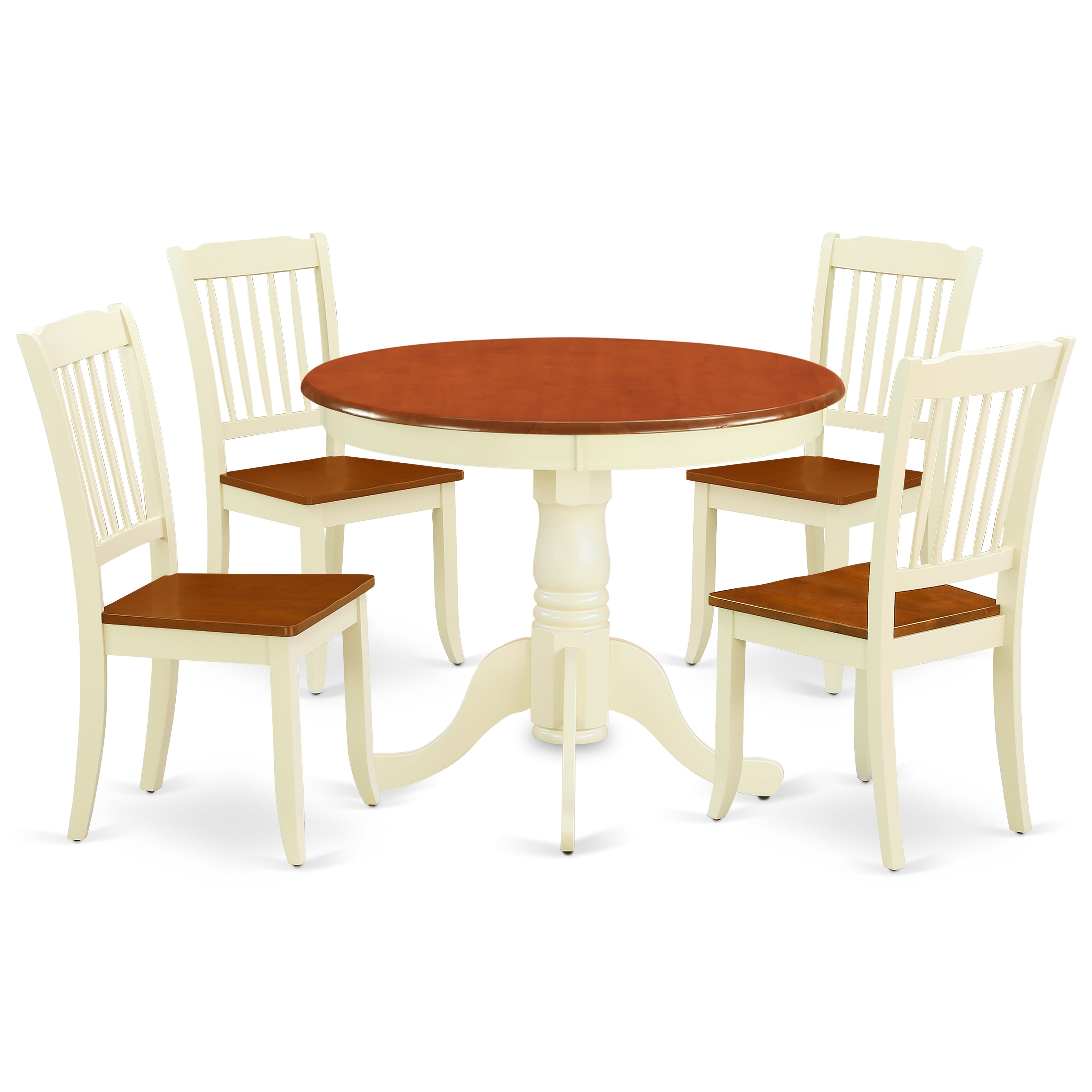 ANDA5-BMK-W 5PC Round 36 inch Table and 4 vertical slatted Chairs