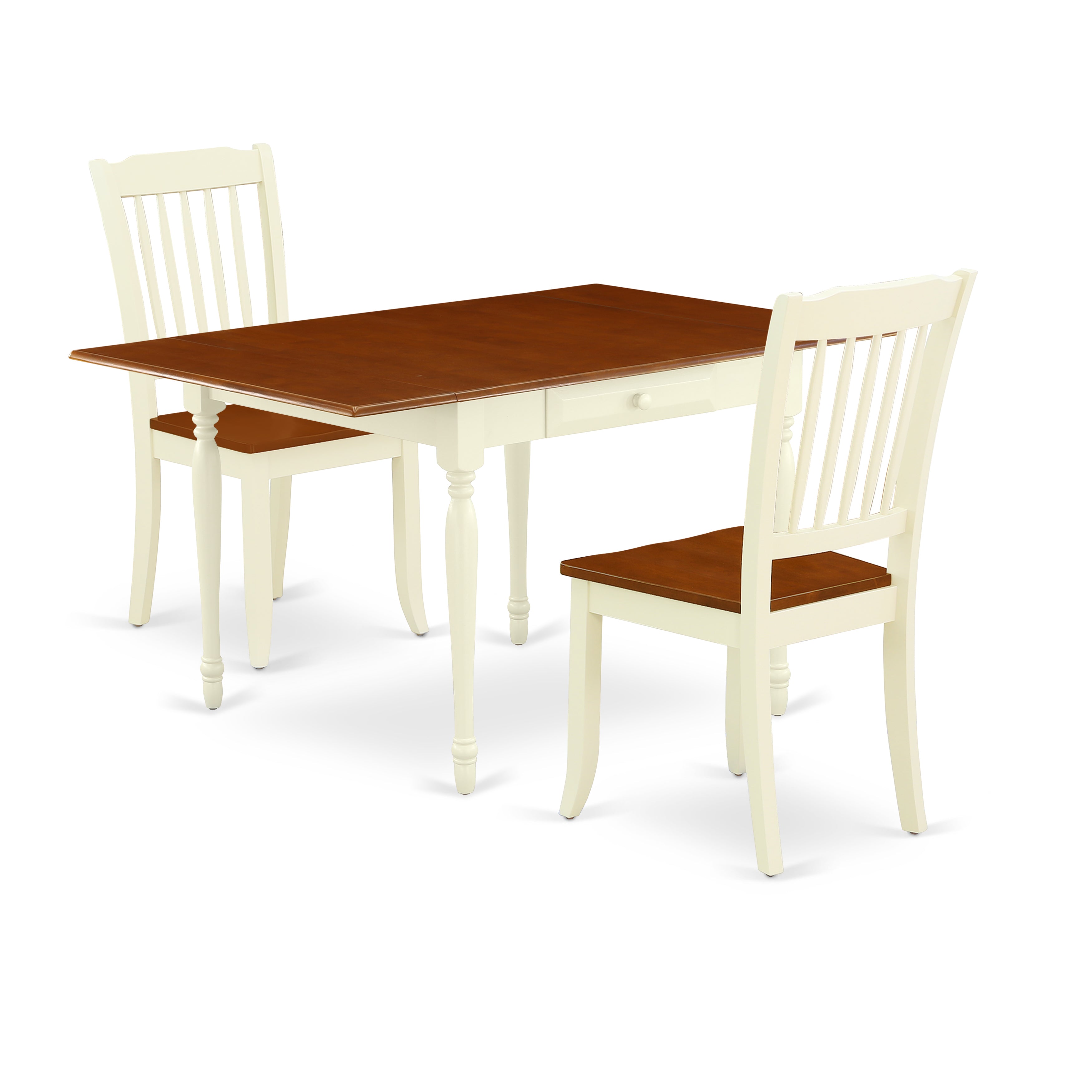 East West Furniture MZDA3-WHI-W 3Pc Kitchen Table Set Contains a Small Dining Table and 2 Wood Dining Chairs with Solid Wood Seat, Drop Leaf Table with Slat Back Chairs, Buttermilk and Cherry Finish