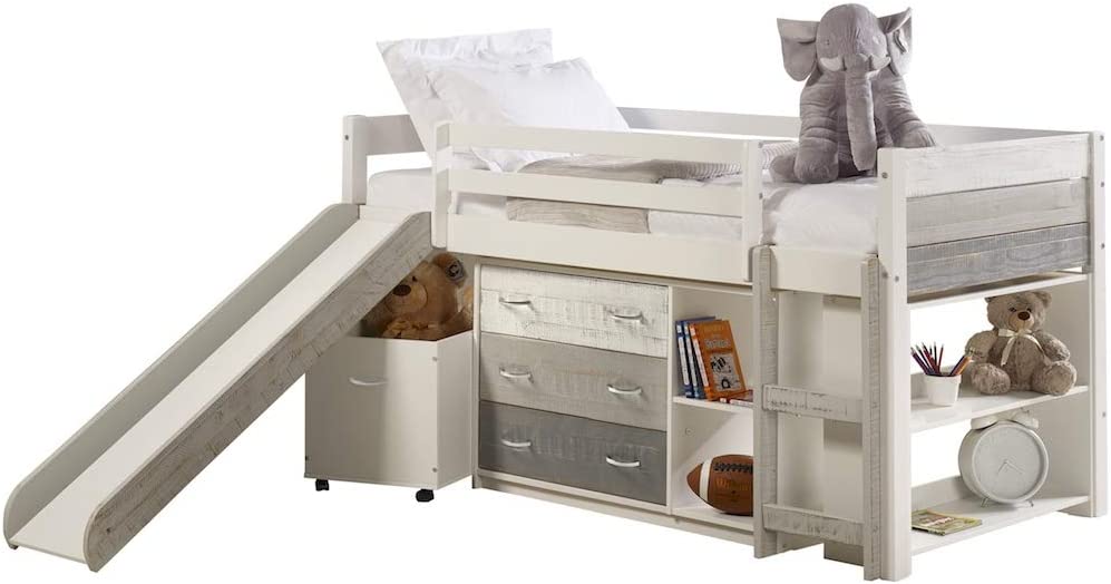 Twin Panel Low Loft Bed With Slide, Drawer, bookcase Grey/White Finish