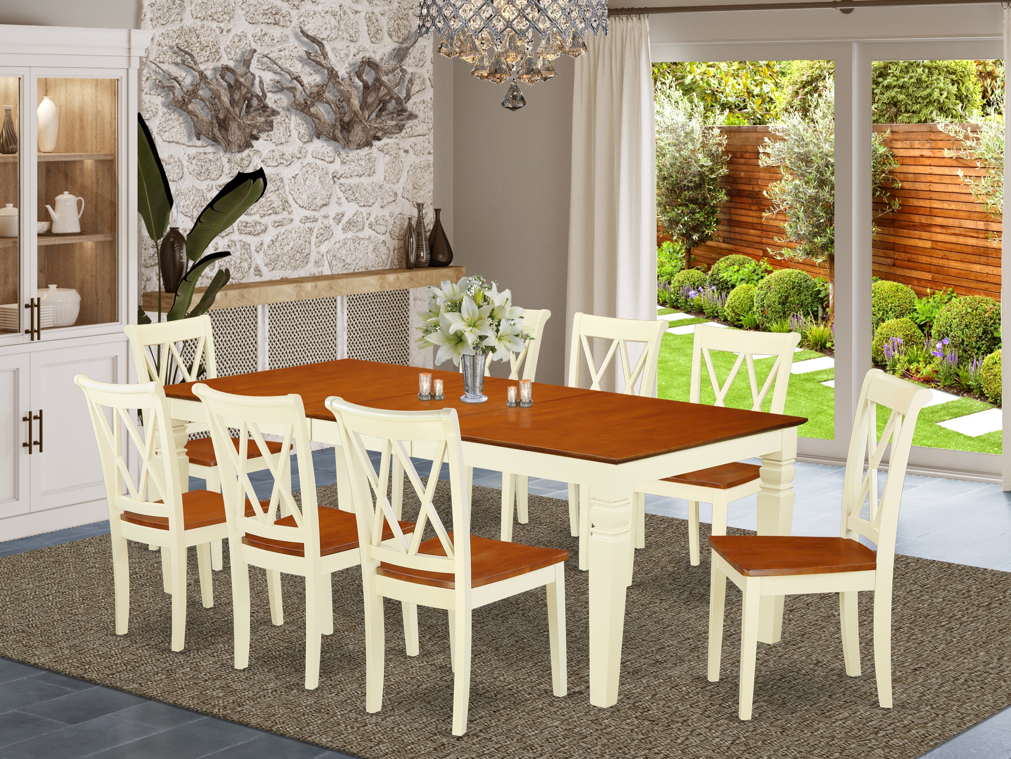 LGCL9-BMK-W 9PC Rectangular 66/84 inch Table with 18 In Leaf and 8 Double X back Chairs