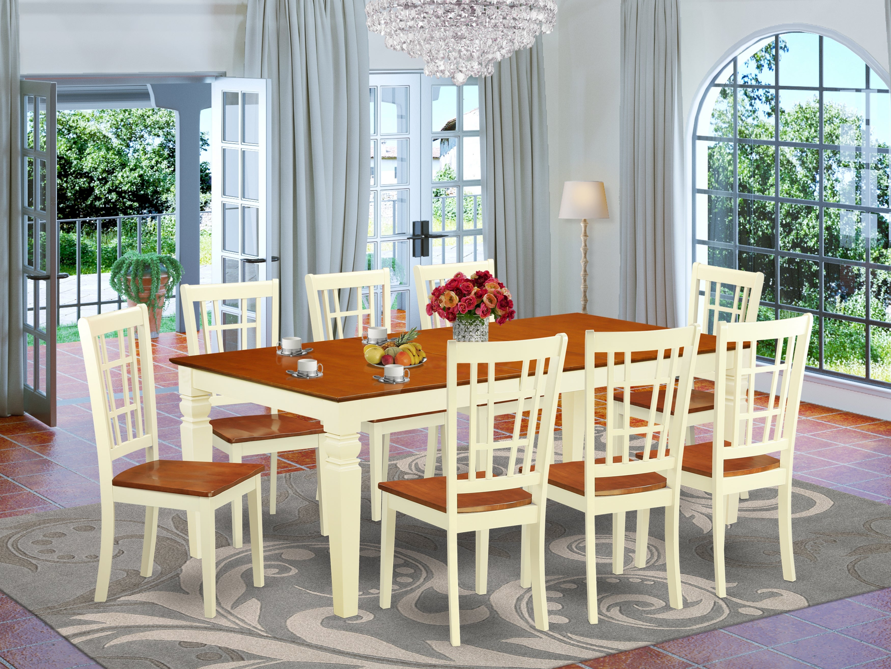 LGNI9-BMK-W 9 Pc Kitchen dinette set with a Dining Table and 8 Dining Chairs in Buttermilk and Cherry