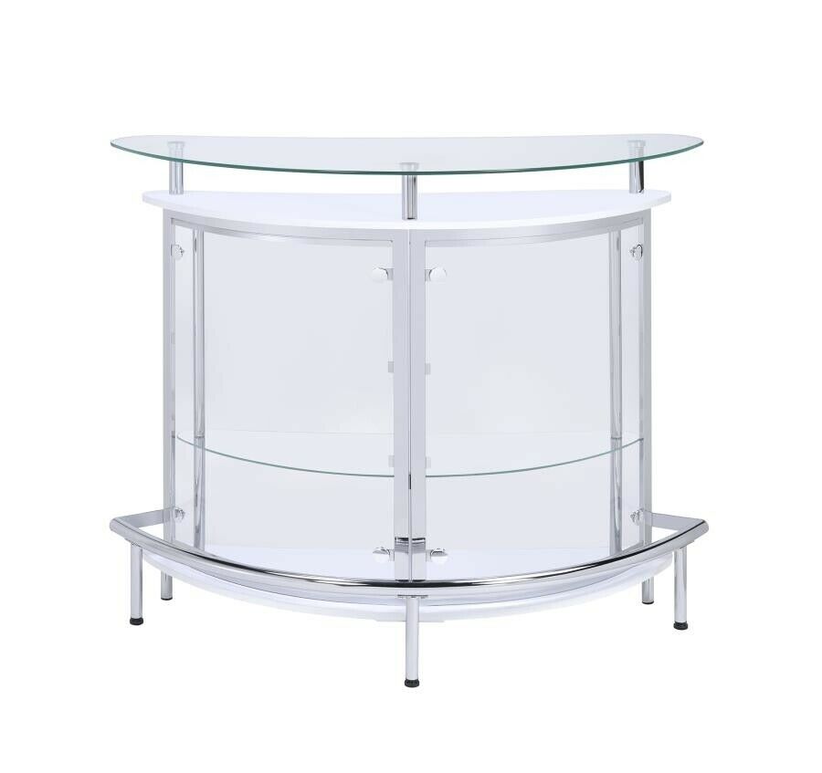 White Finish Curved Front Bar With Tempered Glass Shelves / Chrome Accent