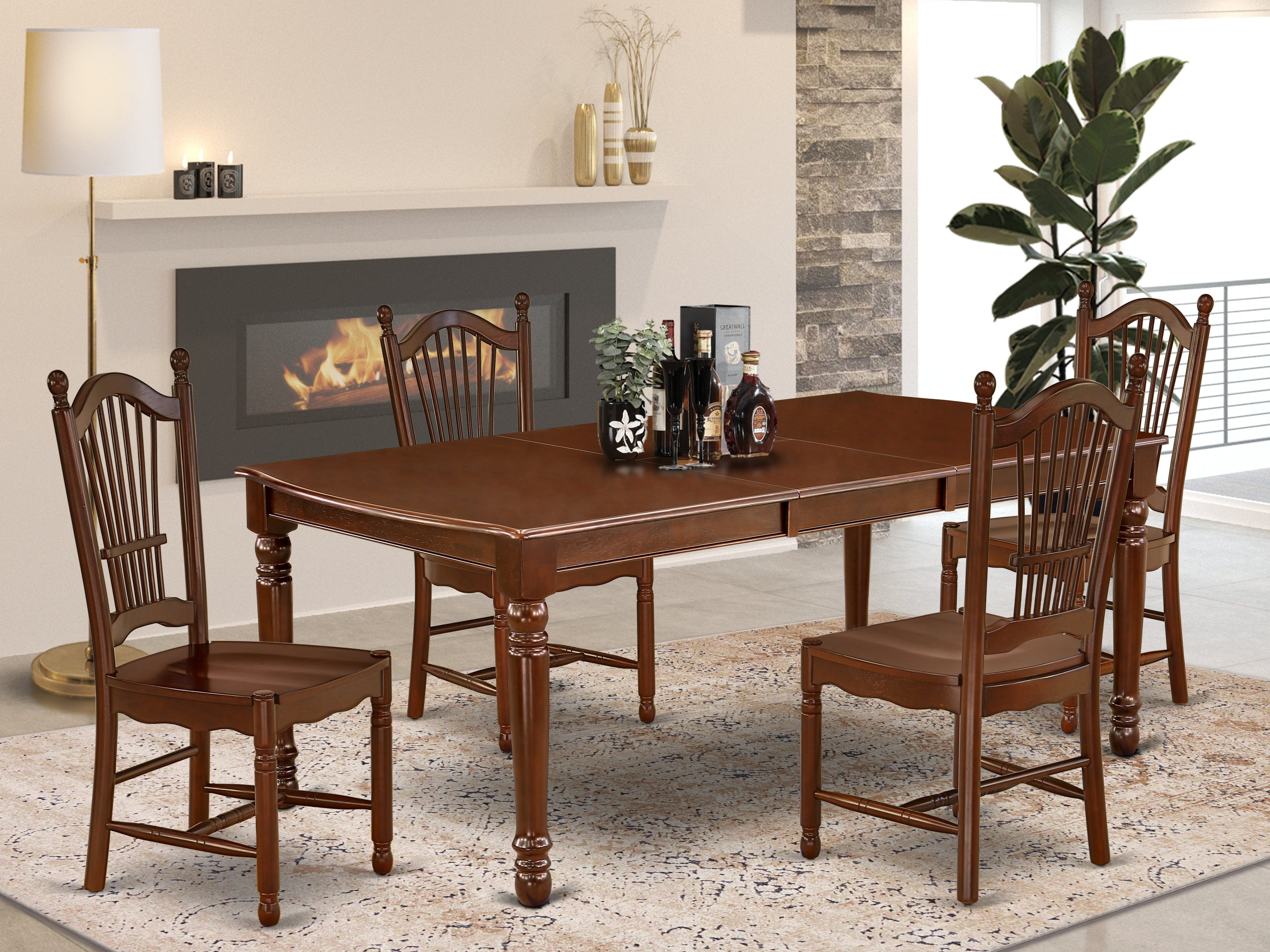 DODO5-MAH-W 5Pc Rectangular 60/78 Inch Dining Room Table With 18 In Butterfly Leaf And Four Wood Seat Chairs