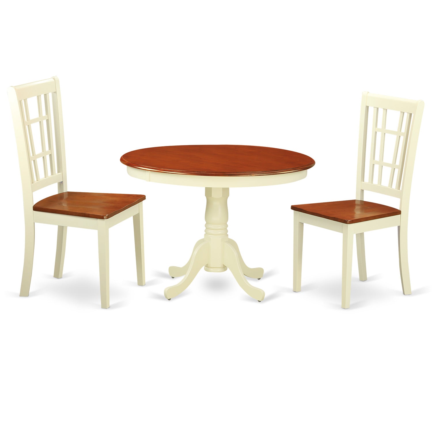 HLNI3-BMK-W 3 Pc set with a Round Small Table and 2 Wood Dinette Chairs in Buttermilk and Cherry .