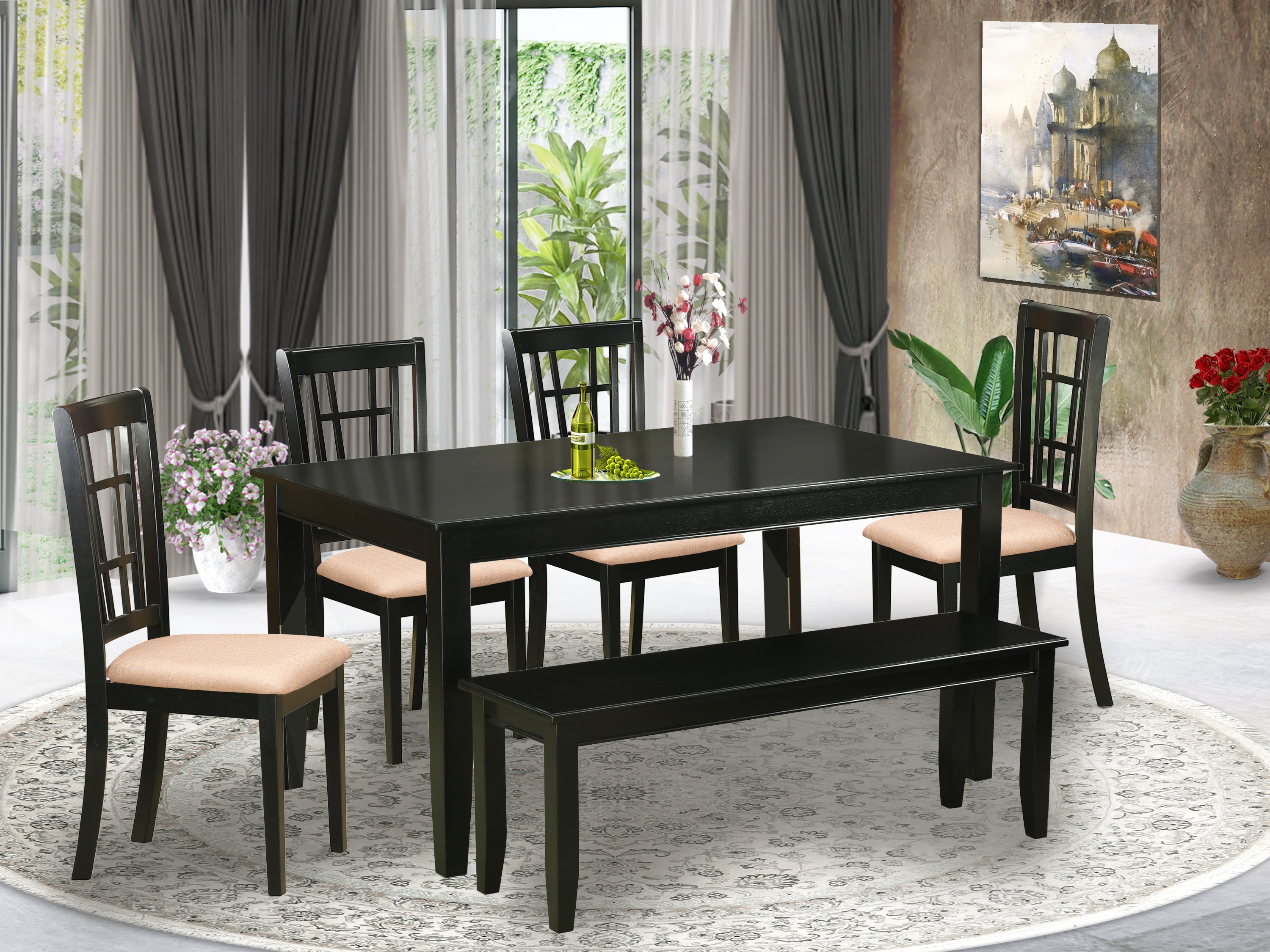 DUNI6-BLK-C 6 PC Kitchen nook Dining set - Kitchen Table and 4 Dining Chairs with Bench