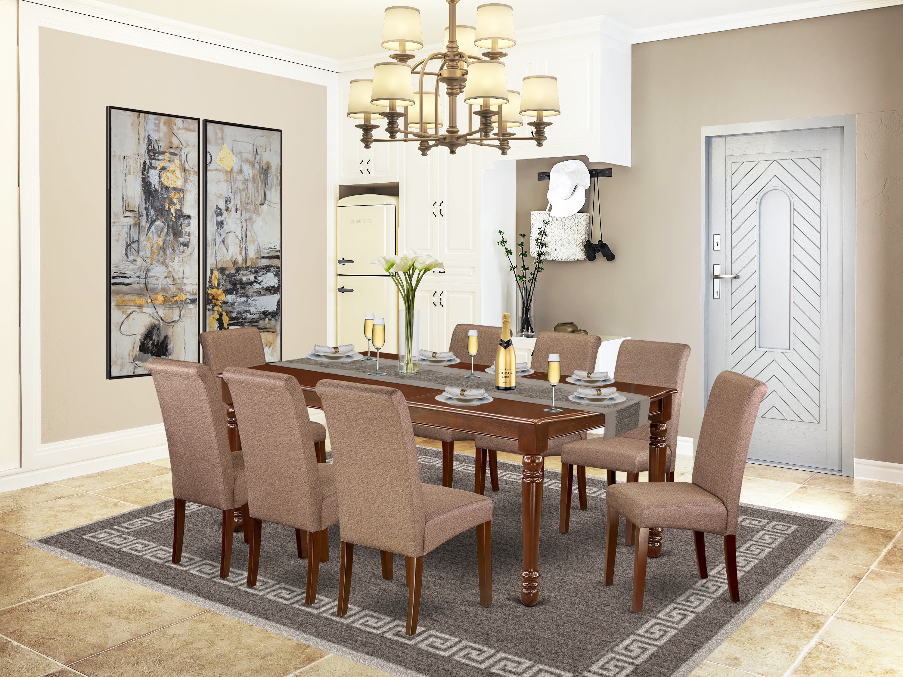 DOBA9-MAH-18 9Pc Kitchen table with linen brown fabric Parson chairs with mahogany chair legs