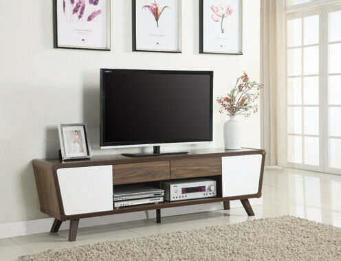 Contemporary 2-Drawer TV Console Dark Walnut And Glossy White upto 80" TV