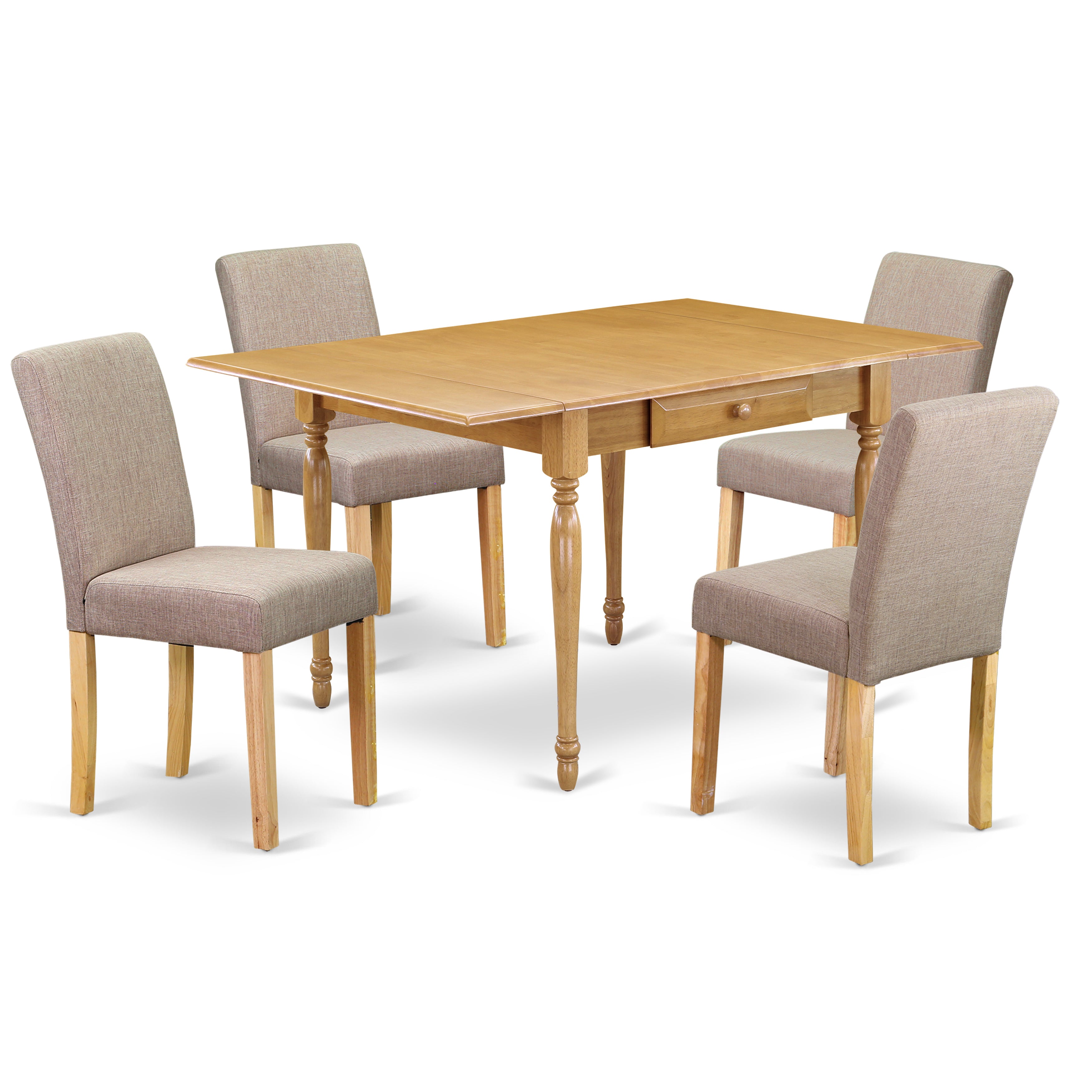 East West Furniture MZAB5-OAK-04 5Pc Kitchen Table Sets Contains a Dining Room Table and 4 Parson Chairs with Light Fawn Color Linen Fabric, Drop Leaf Table with Full Back Chairs, Oak Finish